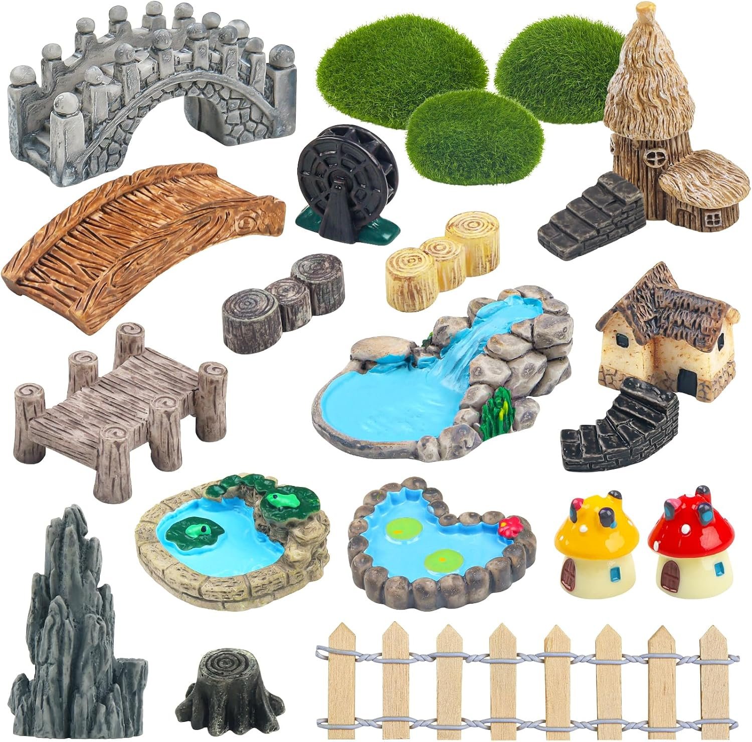 QUOZUO 21 Pcs Fairy Garden Miniatures Accessories Bridge House Landscape Water Well Fence Figurines Pond Mushroom Lawn Garden Ornament for DIY Craft Succulent Decor