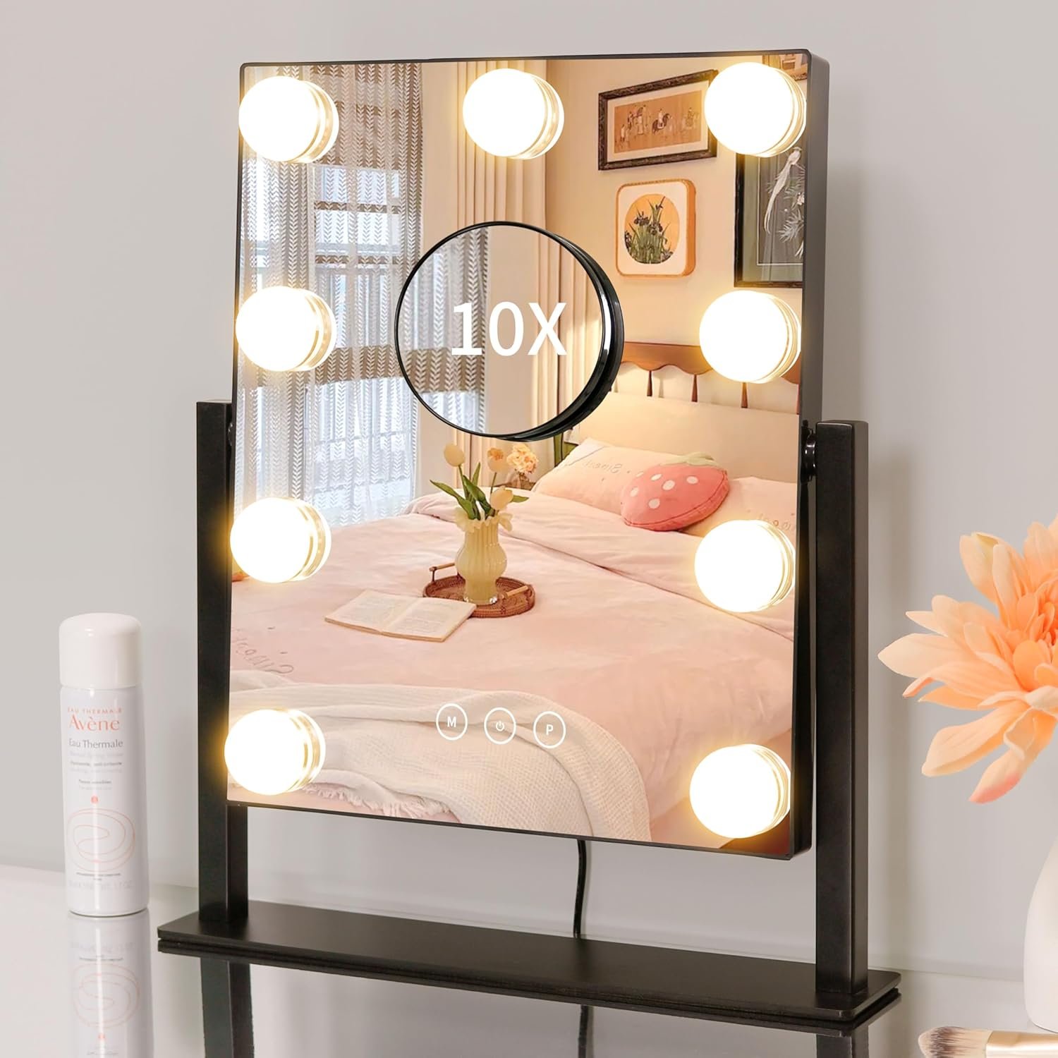 Kotdning Vanity Mirror with Lights,Lighted Vanity Mirror with 9 Dimmable Bulbs for Dressing Room & Bedroom,3 Color Lighting,Modes Detachable 10x Magnification 360°Ratation (Black) 12″ L x 14.4″ W
