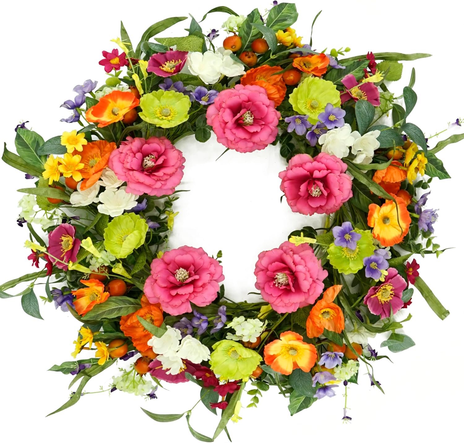 Artificial Spring Summer Wreaths for Front Door 22” Peony Wreath Colorful Floral Wreath with Peony,Daisy,Poppy Flower Lavender for Indoor Outdoor Farmhouse Home Wall Window Festival Decoration