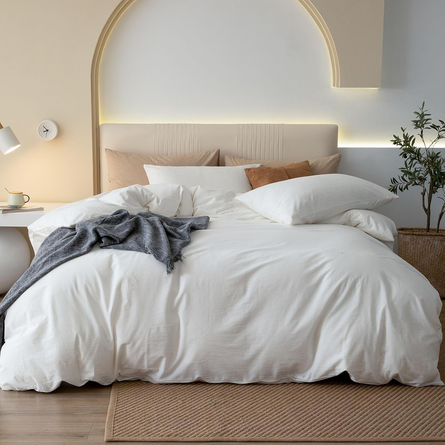 JIYUAN King Washed Cotton Duvet Cover Set, 3-Piece, Relaxed Linen Feel | Includes 2 Pillowcases, Hidden Zipper & 8 Corner Ties. Naturally Soft, Breathable & Lightweight. Machine Washable.