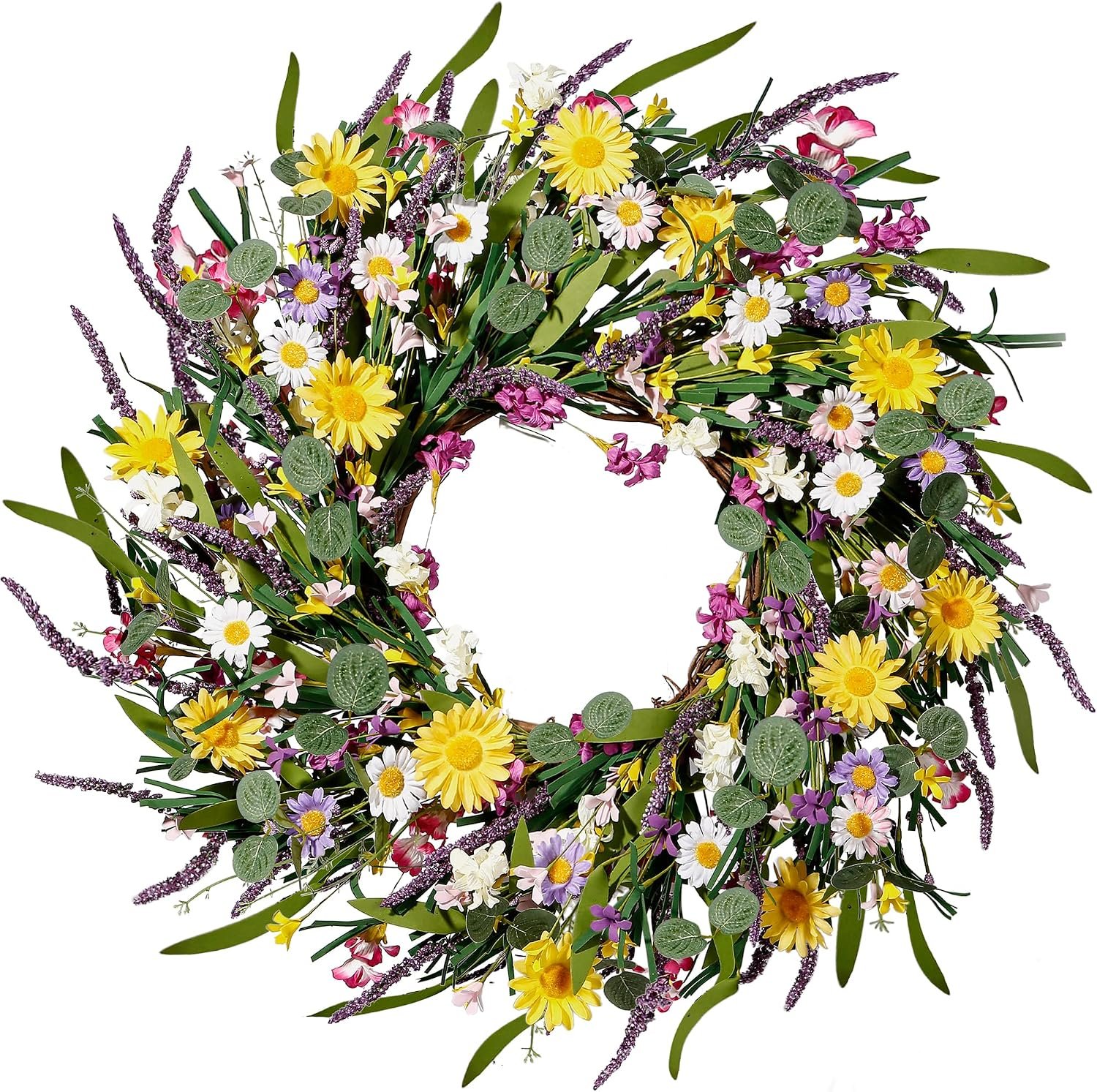 Sggvecsy Daisy and Lavender Wreath 24’’ Wildflower Wreath Spring and Summer Artificial Spring Silk Summer for Front Door Home Wall Wedding Festival Farmhouse Holiday Decor