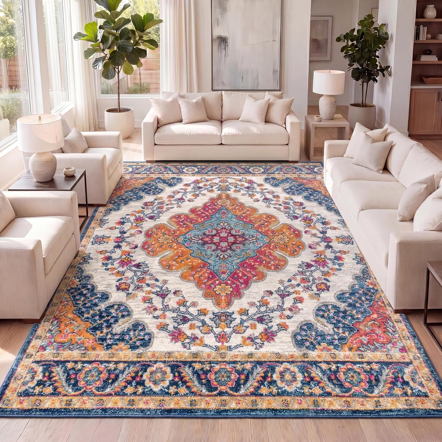 JONATHAN Y Boho Vintage Blue/Multi Indoor Area Rug, 8×10, Bohemian Flair Medallion, Floral Easy-Cleaning High Traffic for Living Room, Bedroom, Kitchen, Pet-Friendly, Non-Shedding (BMF106A-8)