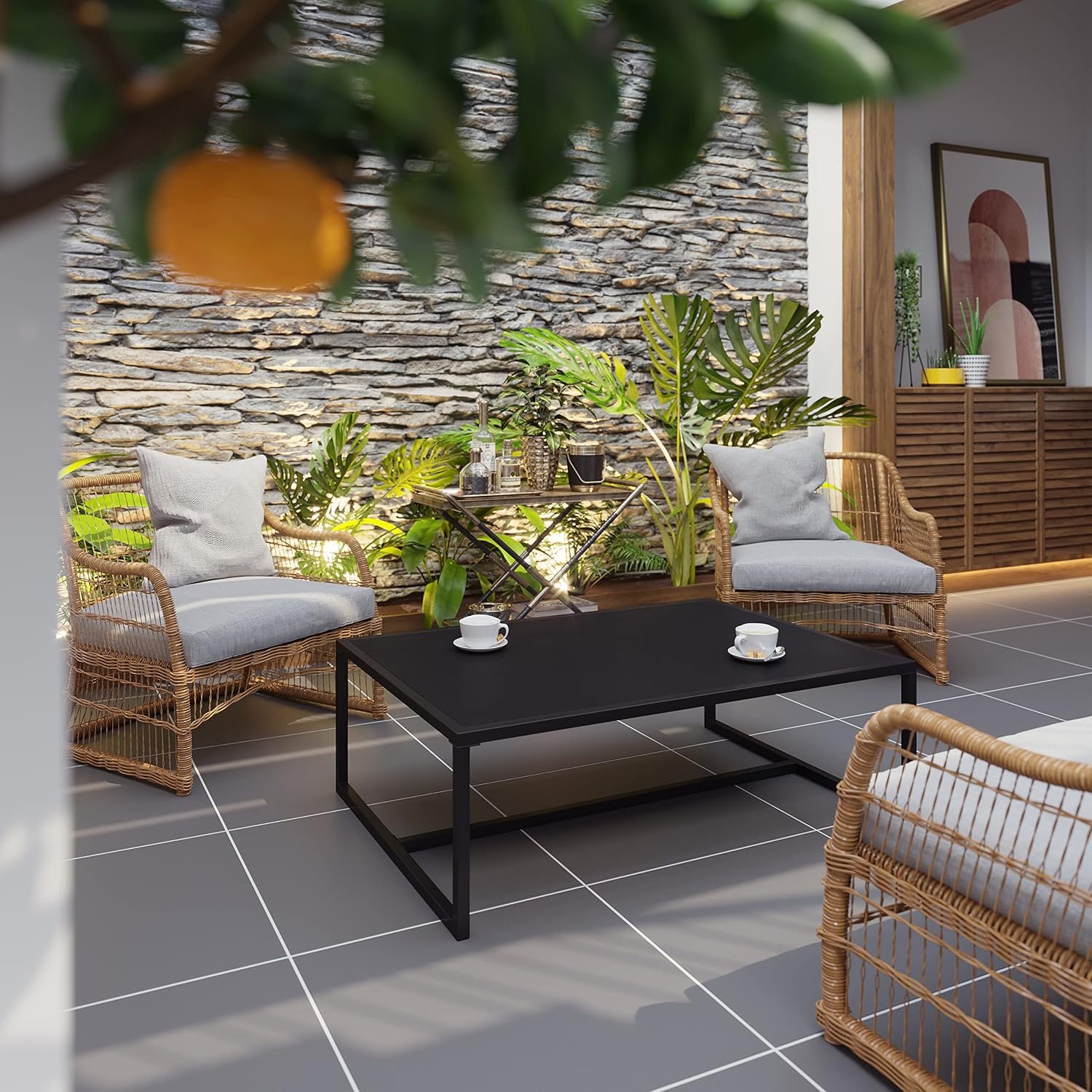 EMMA + OLIVER Black Indoor/Outdoor Metal Coffee Table | All-Weather Steel Frame, Commercial Use, Indoor/Outdoor Use
