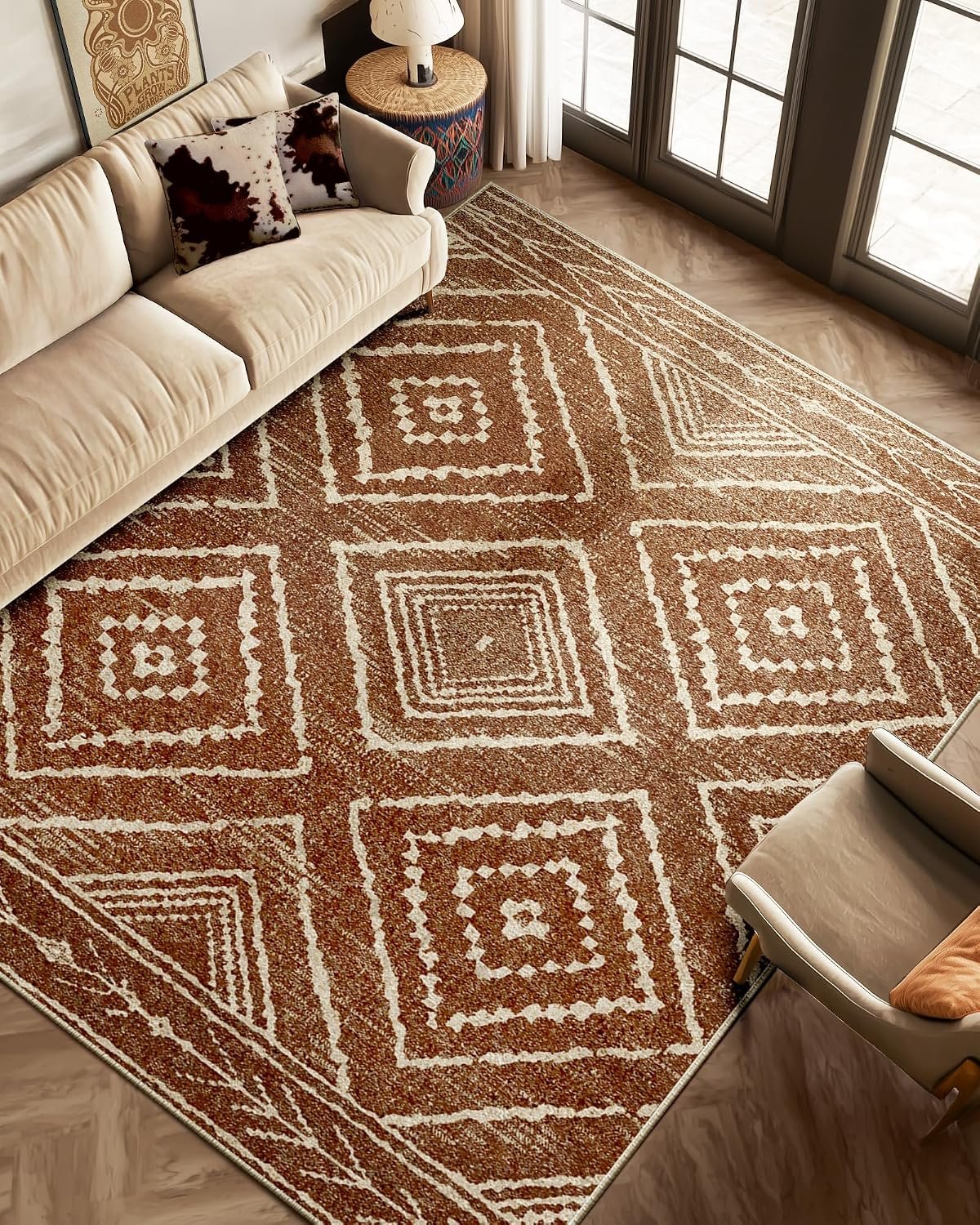 8’x10′ Washable Area Rug for Living Room Bedroom Yellowbrown | Soft Western No Slip Low Pile Print Foldable Indoor for Kitchen Dining Room