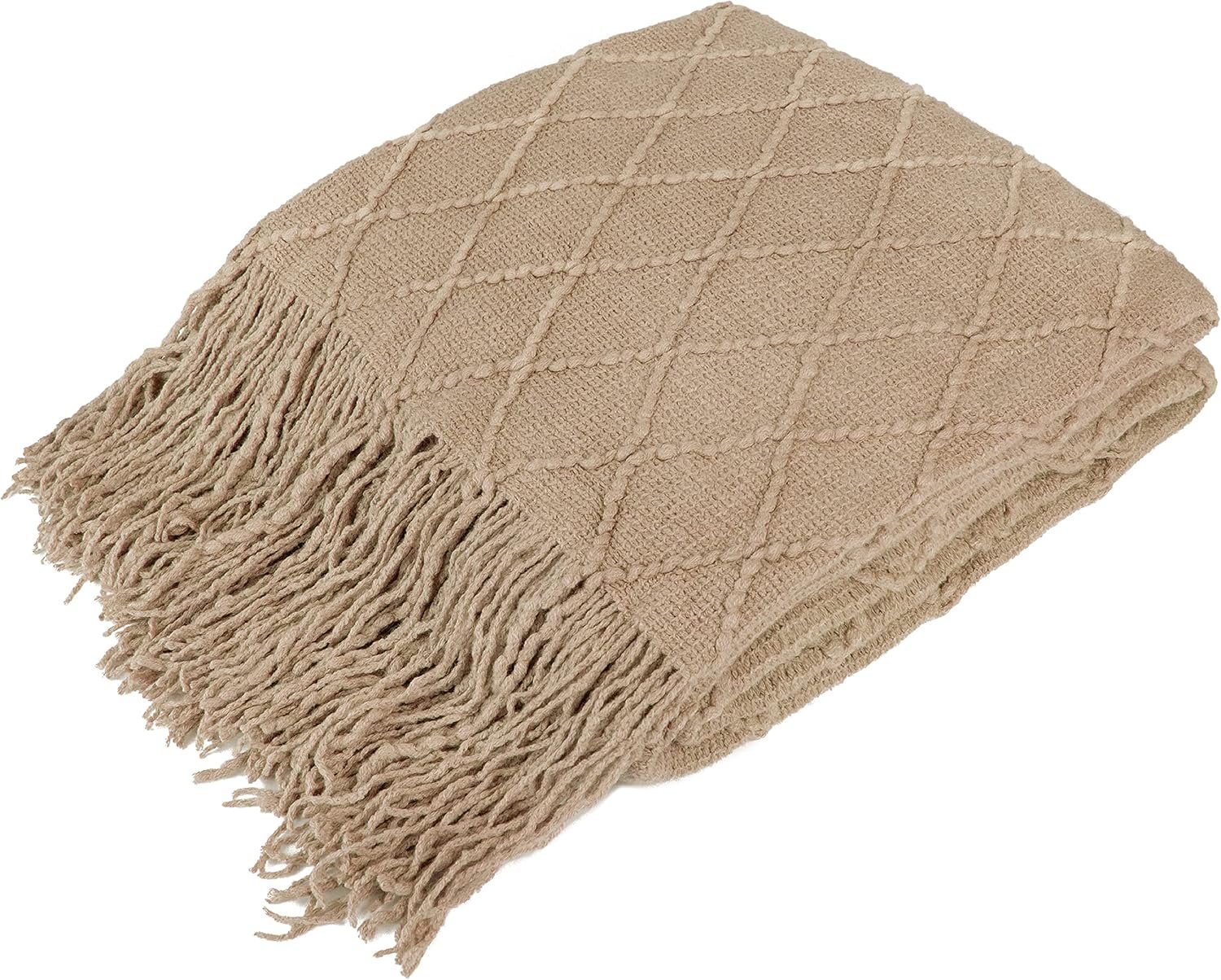 PAVILIA Tan Taupe Knit Throw Blanket, Soft Knitted Farmhouse, 50×60 | Lightweight Decorative Summer Fall Throw, Outdoor Textured Boho Blanket, For Couch Bed Sofa Chair Living Room Bedroom