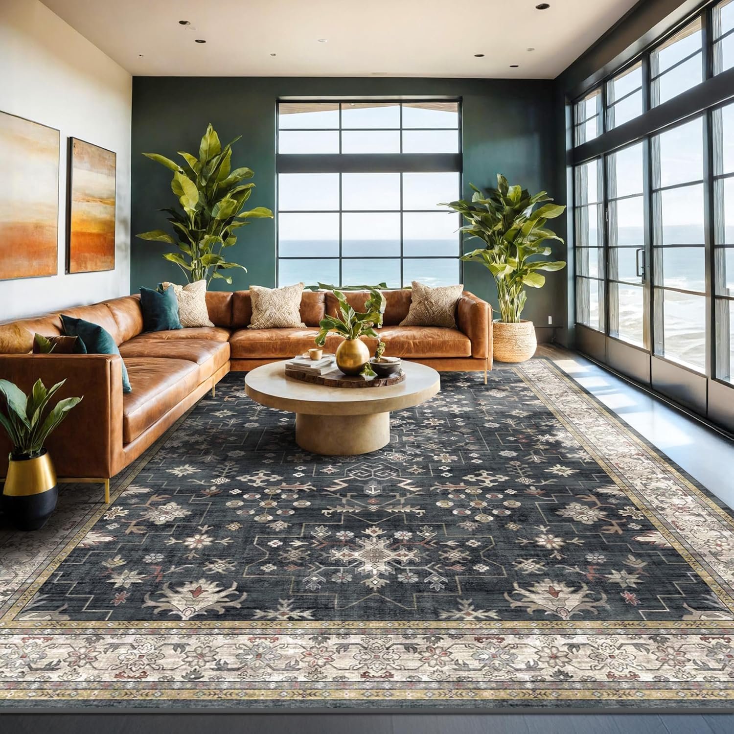 Boho Black Rug for Living Room – Washable 10×14 Area Rug, Dining Room Rugs for Under Table, Soft Low Pile Carpet for Large Bedroom – Farmhouse Decor, Non-Slip & Stain Resistance (10×14 Black/Multi)