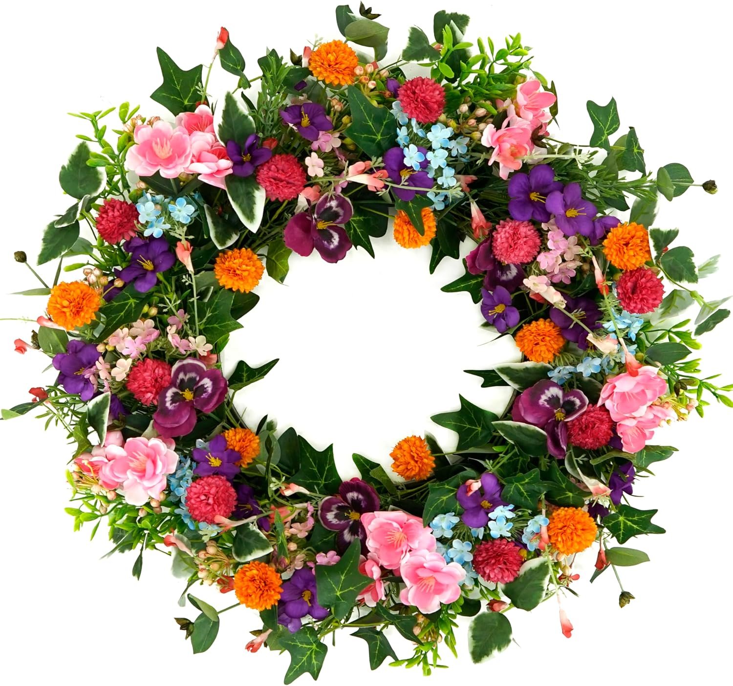 WreathDream Spring Summer Wreaths for Front Door Pansy Wreath with Pink Cherry Blossoms,Small Ball Bhrysanthemum for Indoor Outdoor Farmhouse Home Porch Wall Window Festival Wedding Decor