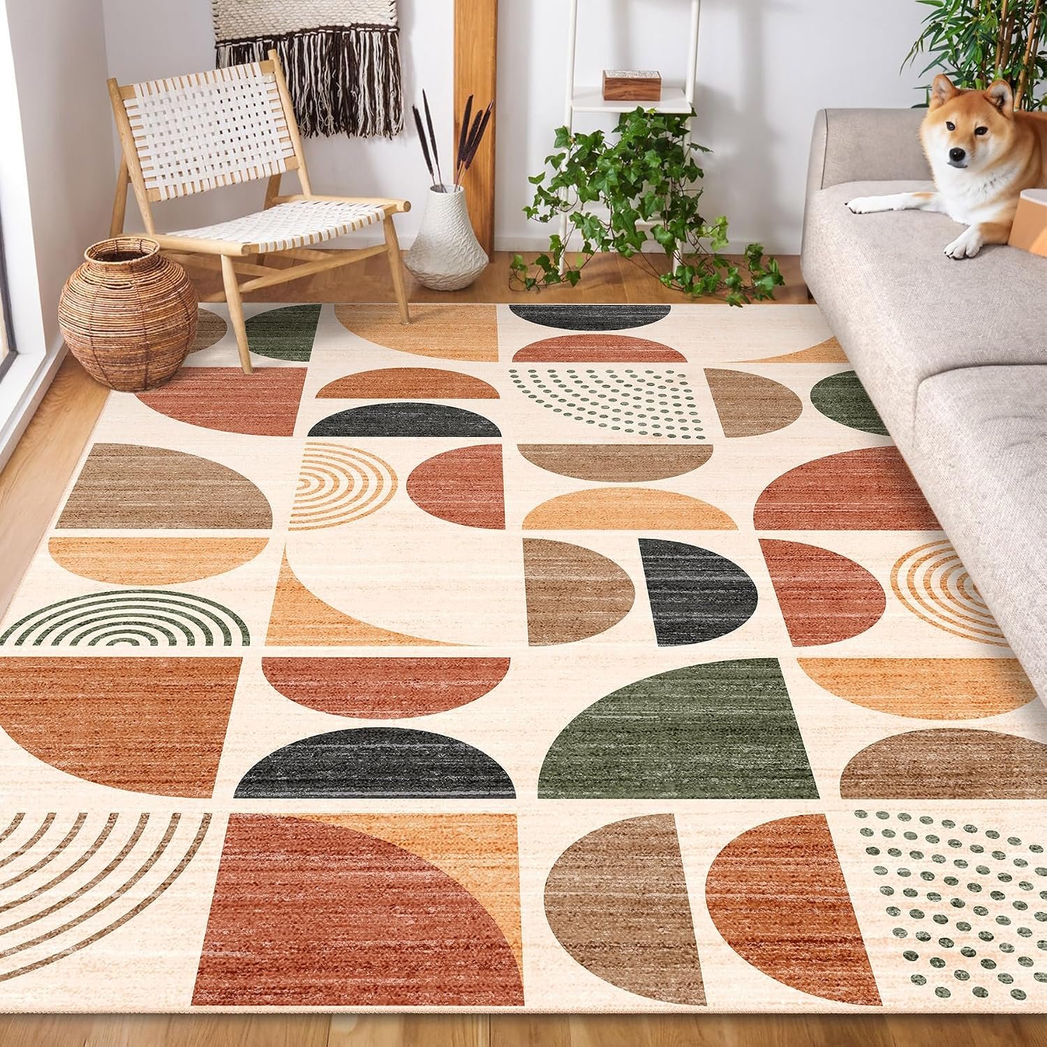 5×7 Area Rugs Washable,Boho Rugs Non Slip Modern Abstract Large | Throw Carpet for Living Room Bedroom Dining Room Soft Low Pile Floor Indoor Bohemian Terracotta