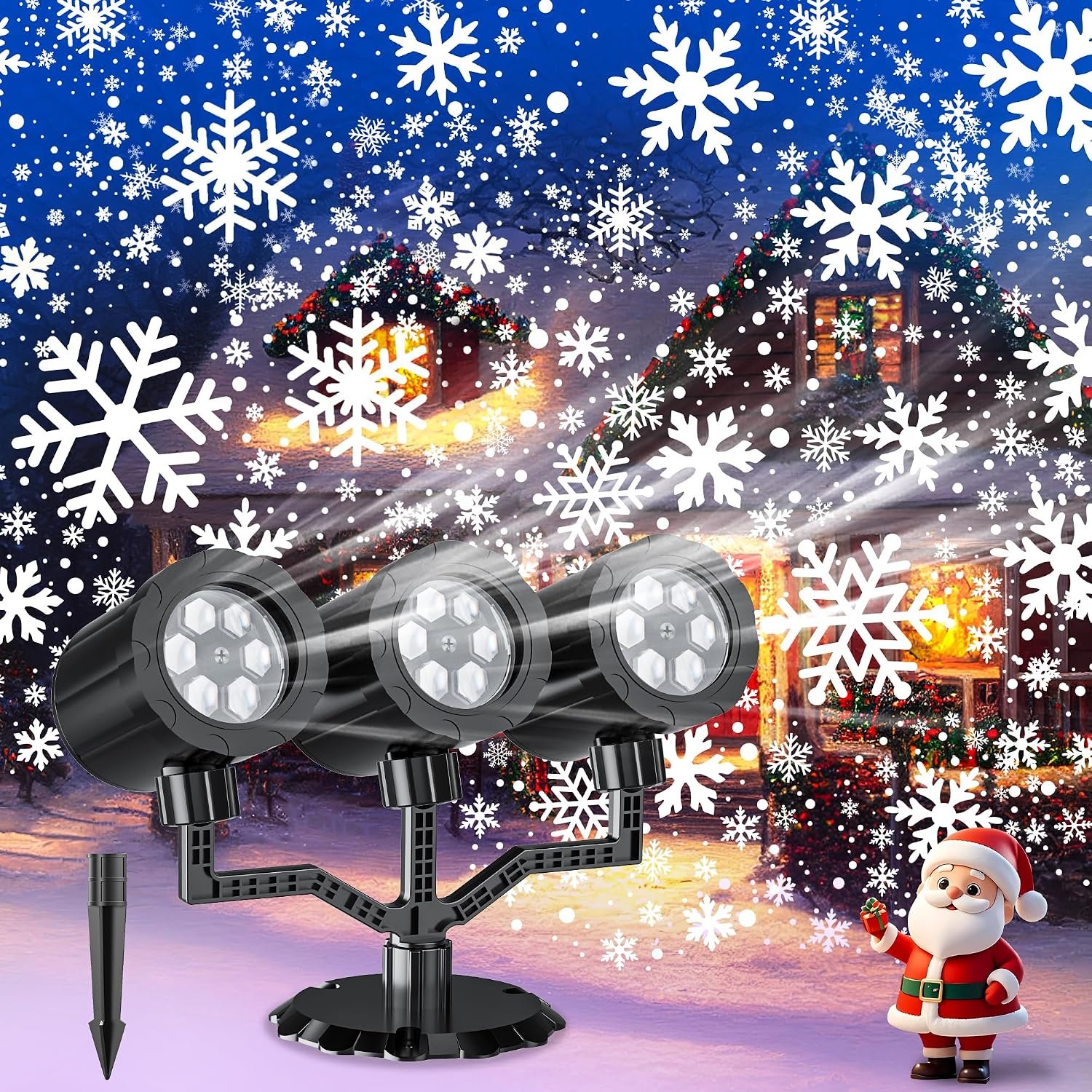 Christmas Projector Lights Outdoor, Snowflake Projector for Outdoor Indoor Christmas Decoration, Yard, New Year, Holiday-Three-Head B