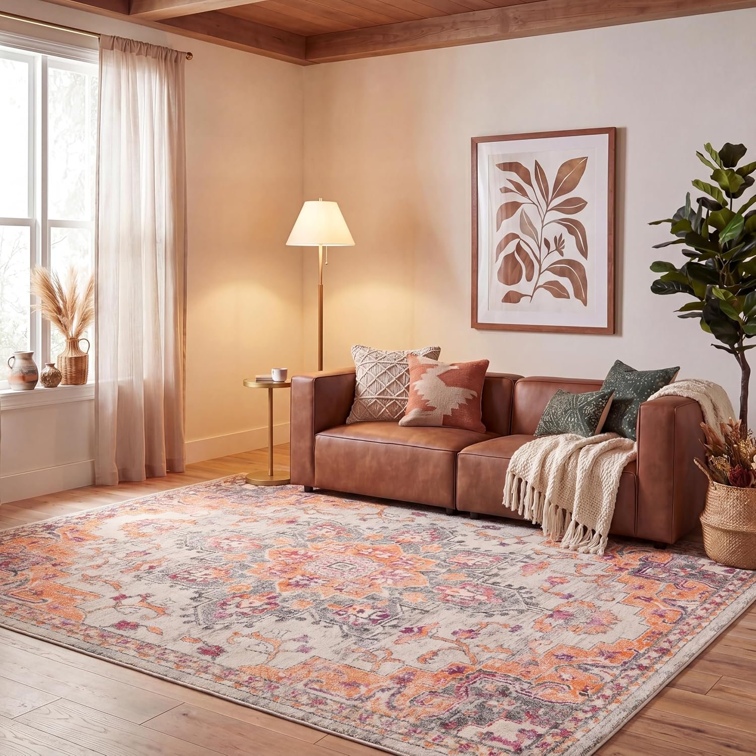 SAFAVIEH Area Rug 8×10 – Madison Collection – Large – Beige & Orange, Boho Chic Distressed Medallion Design, Non-Shedding & Easy to Clean, Ideal for Living Room, Bedroom, Dining Space (MAD473E)