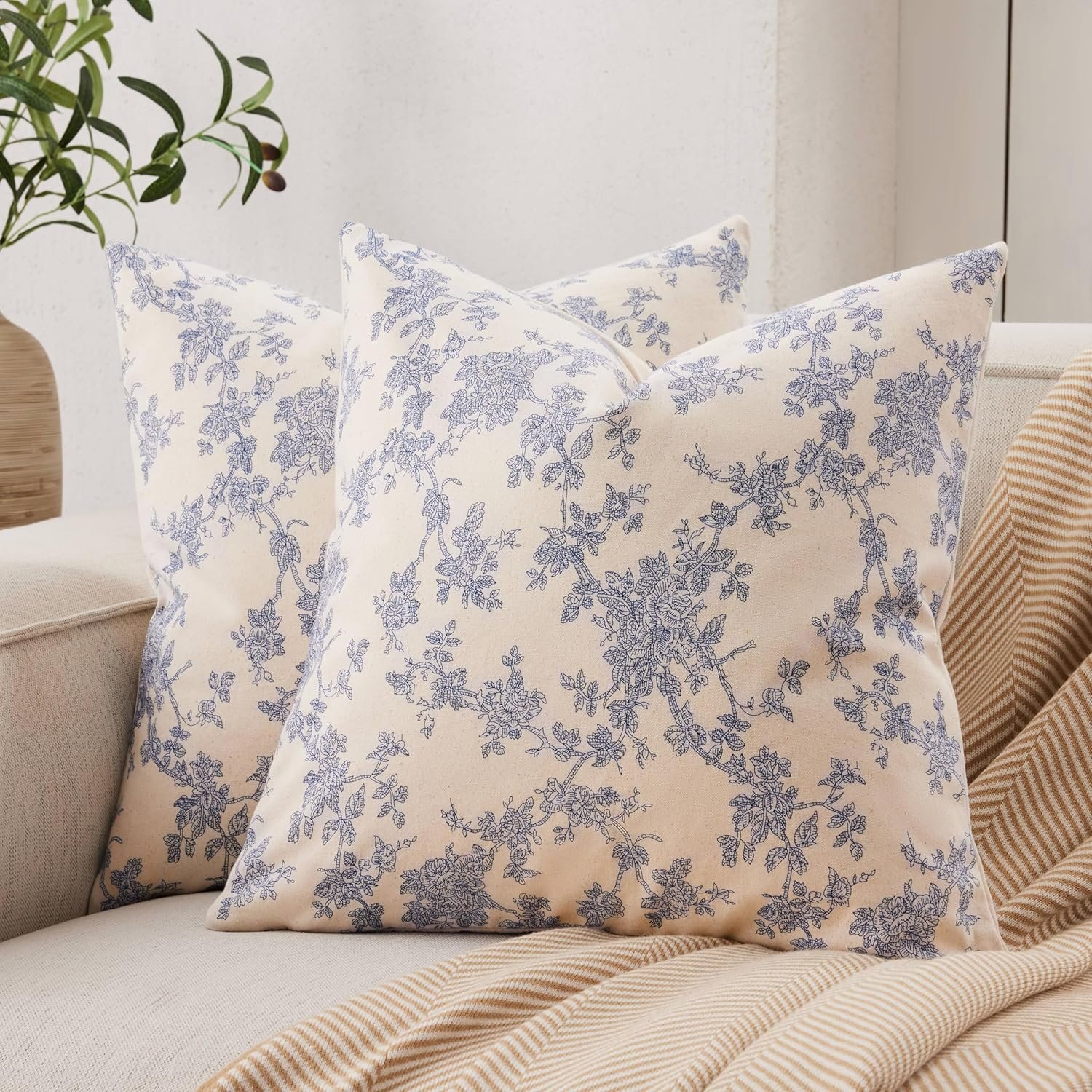 2 Pack French Floral Throw Pillow Covers 18x18in, Blue/Cream | 100% Organic Cotton, Vintage Botanical Decorative Pillow Cases, Farmhouse Pastoral Cushion Covers for Living Room Sofa Couch