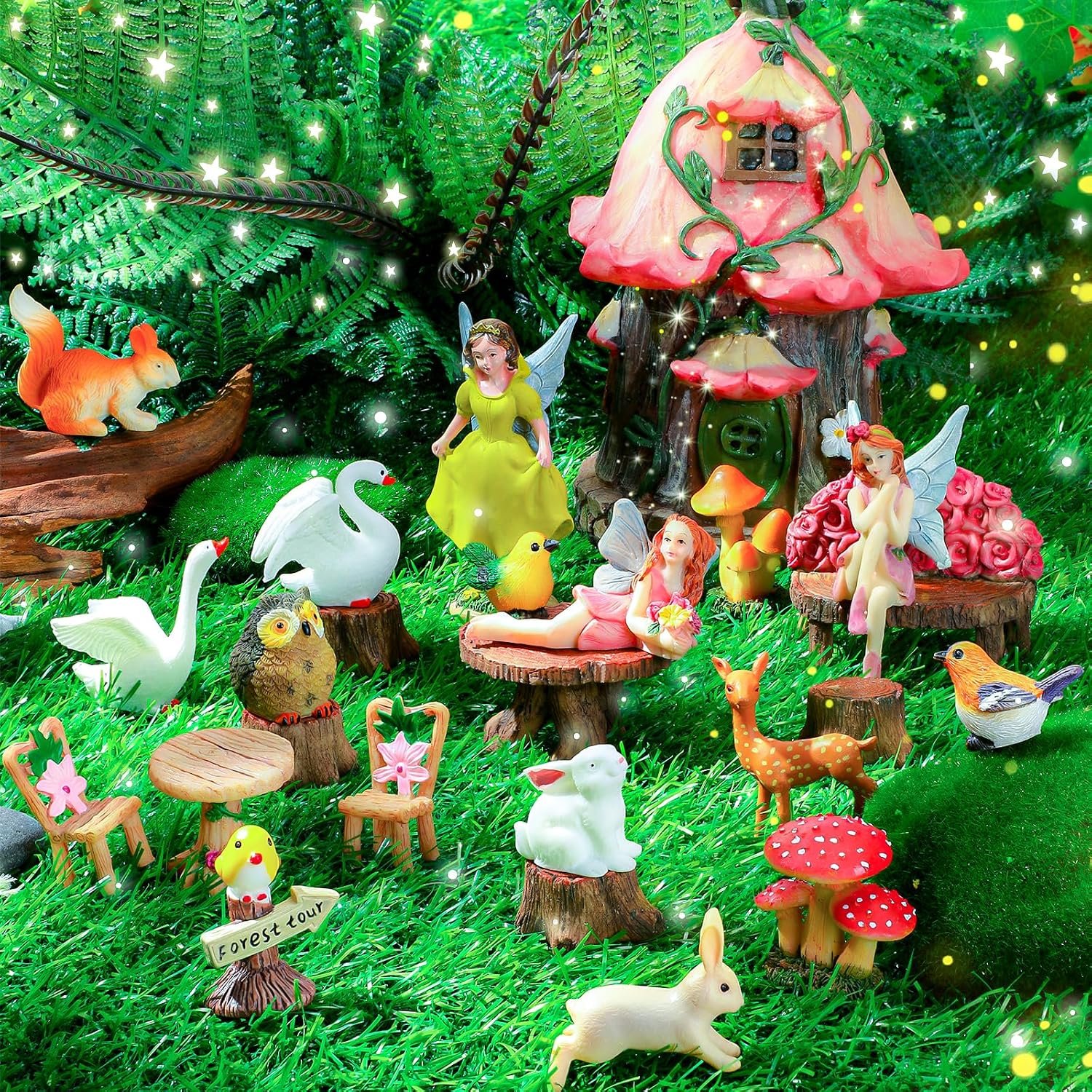 Soaoo Fairy House Garden Figurines Kit Summer Garden Decor Elves Decoration Outdoor Ornaments Animals Butterfly Fairy Mushroom Party Supplies DIY Micro Landscape Dollhouse