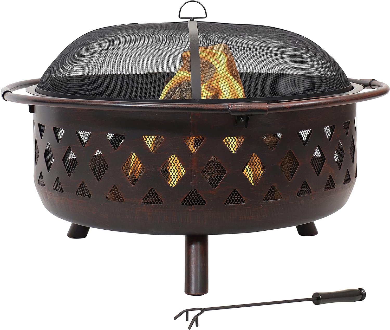 Sunnydaze Crossweave Large Outdoor Fire Pit, Wood Burning, Round, 36″ | Bronze, Heavy Duty Steel Metal, Patio Fire Pit with Spark Screen, Poker, & Cover, Wood Firepit for Outside, Backyard, or Deck