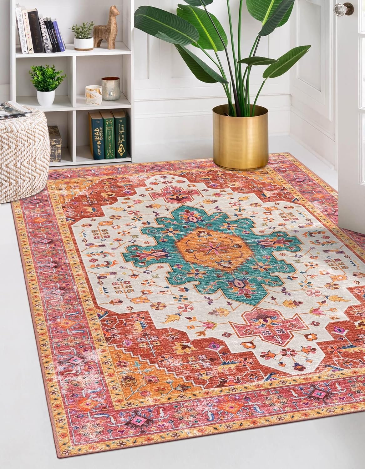 Moynesa Ultra-Thin Washable Vintage Area Rug – 5×7 Large Bedroom Boho Non-Slip Non-Shedding Living Room Mat Oriental Medallion Floor Carpet for Kids Nursery Room Office, Pink/Teal/Multi