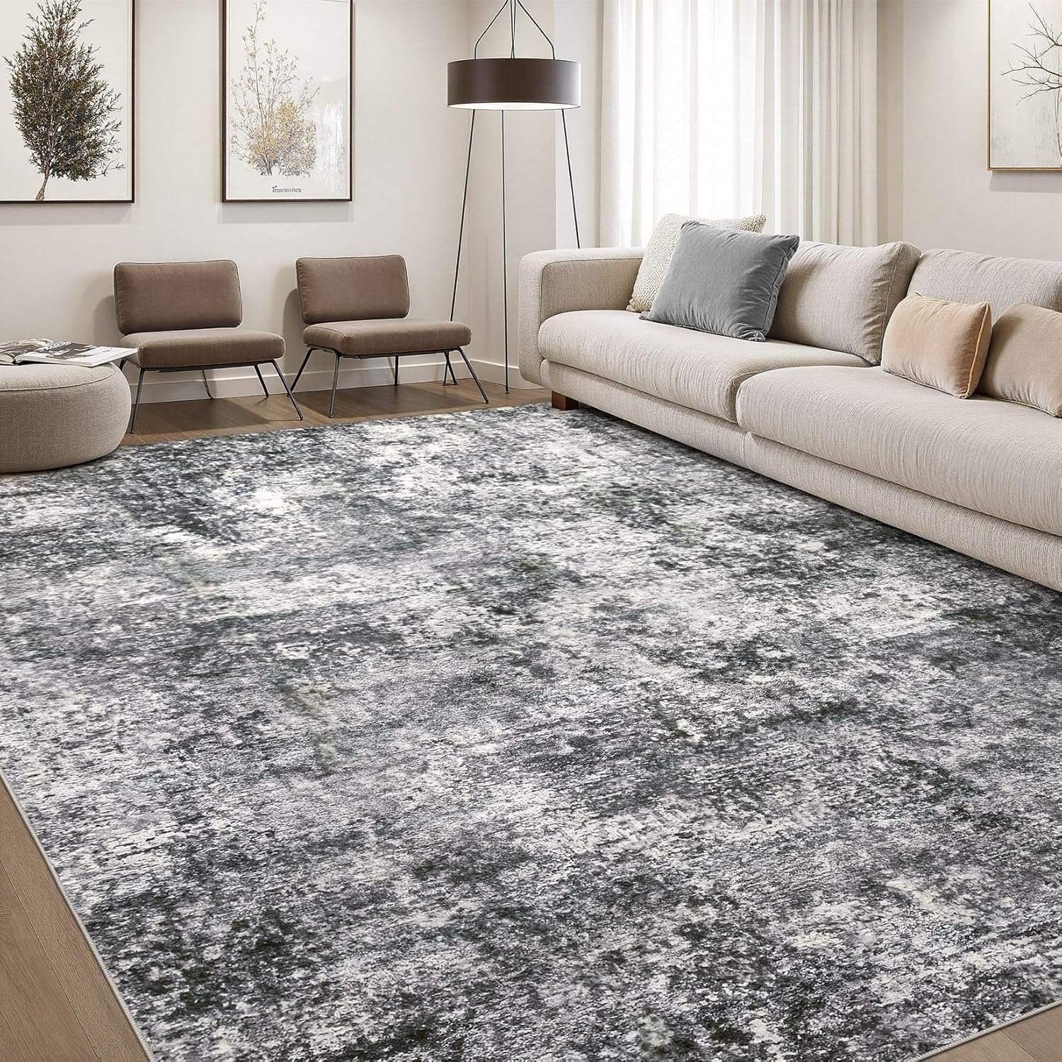 DMOYEST Area Rug Living Room Rugs 9×12 Washable Abstract Grey Carpet | Neutral Modern Large Non-Slip Soft Low Pile Rugs for Bedroom Dining Room Home Office Indoor Decor