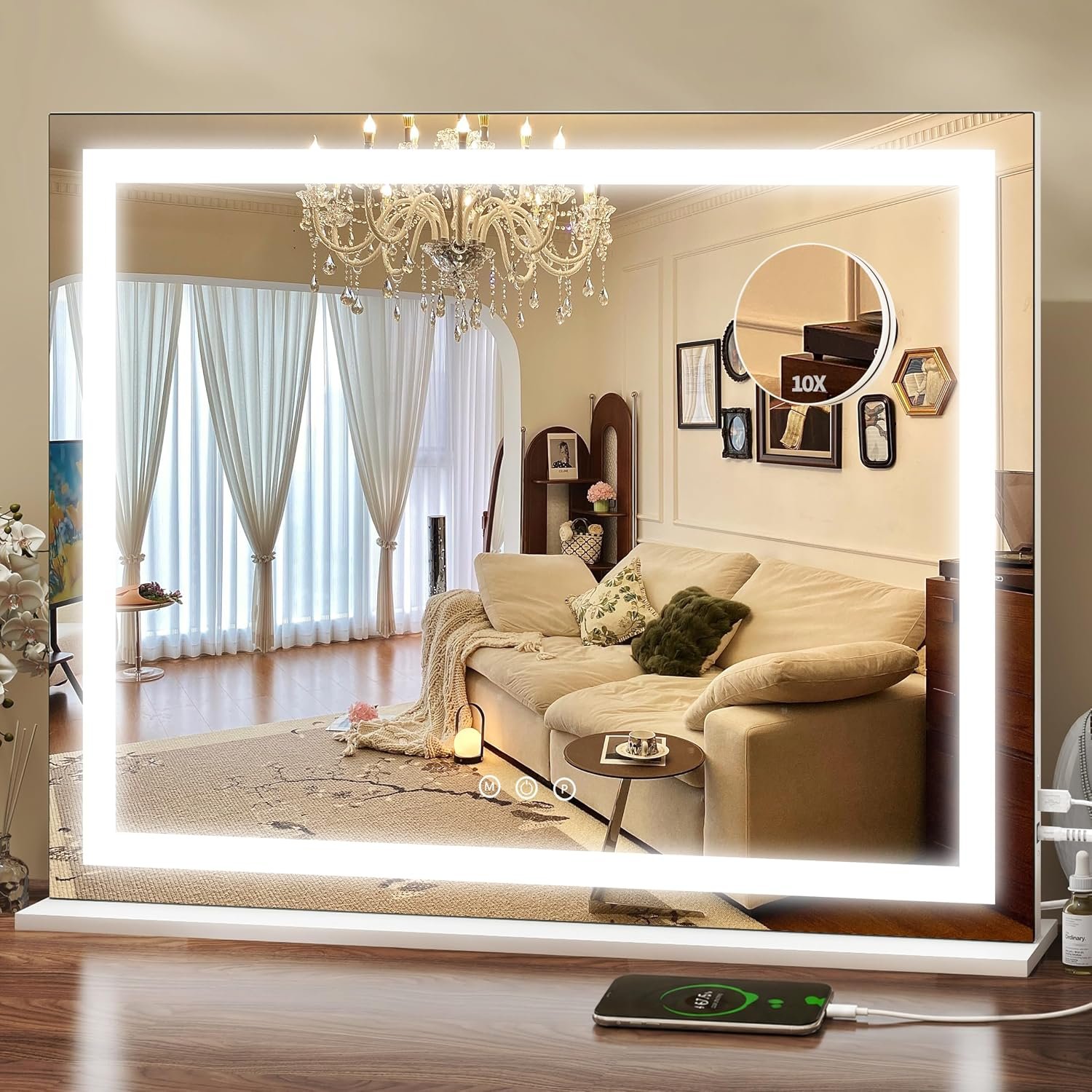 ROLOVE 23×18 Inch Makeup Mirror with Lights, Detachable Magnifier | LED Vanity Mirror, 3 Color Modes, Stepless Dimming, Touch Control, Plug-In Power, Horizontal Wall Mount or Tabletop Use