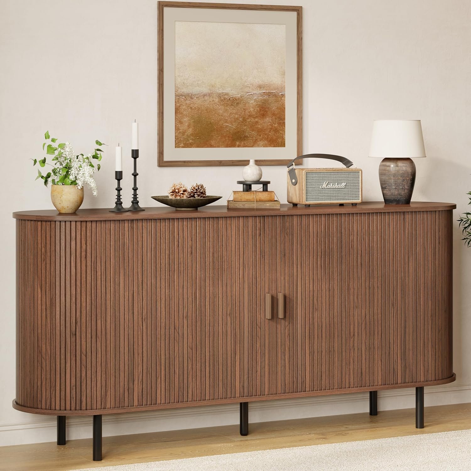 Buffet Sideboard Cabinet with Storage, 63″ Fluted Cabinet with Sliding Door & Adjustable Shelf, Modern Accent Coffee Bar Console Table for Kitchen, Entryway, Walnut