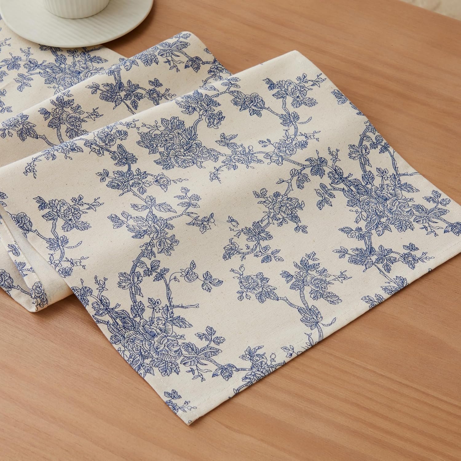 French Pastoral Farmhouse Table Runners, 13×72 Inch Blue | 100% Organic Cotton Table Runner, Vintage Botanical, Soft Boho Home Decor, Machine Washable for Dining & Coffee Tables