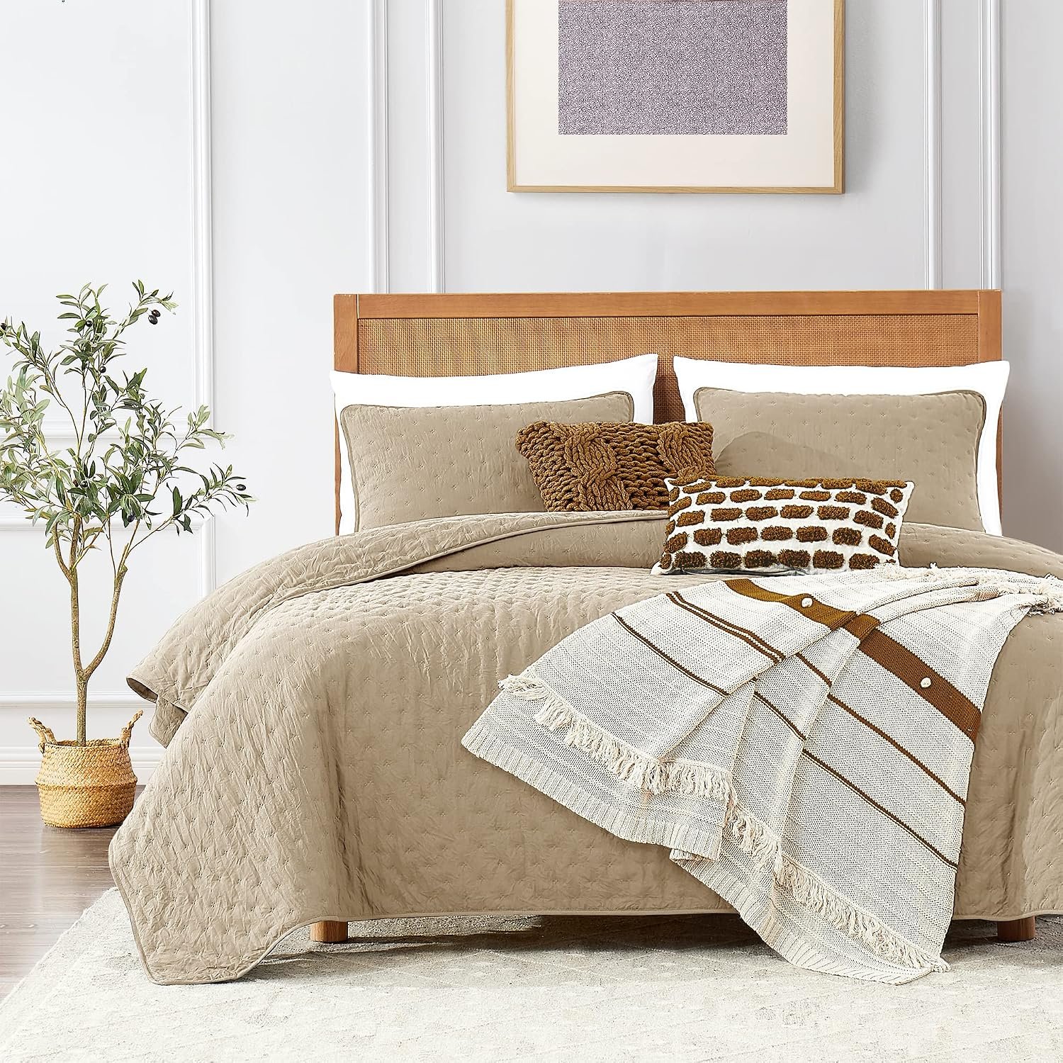 ROARINGWILD Beige Cloud Twin Size Quilt Bedding Sets with Pillow Sham, Farmhouse Lightweight Soft Bedspread Coverlet, All Season Rustic Country Thin Comforter, 2 Pieces, 68×90 inches, Tan Cream