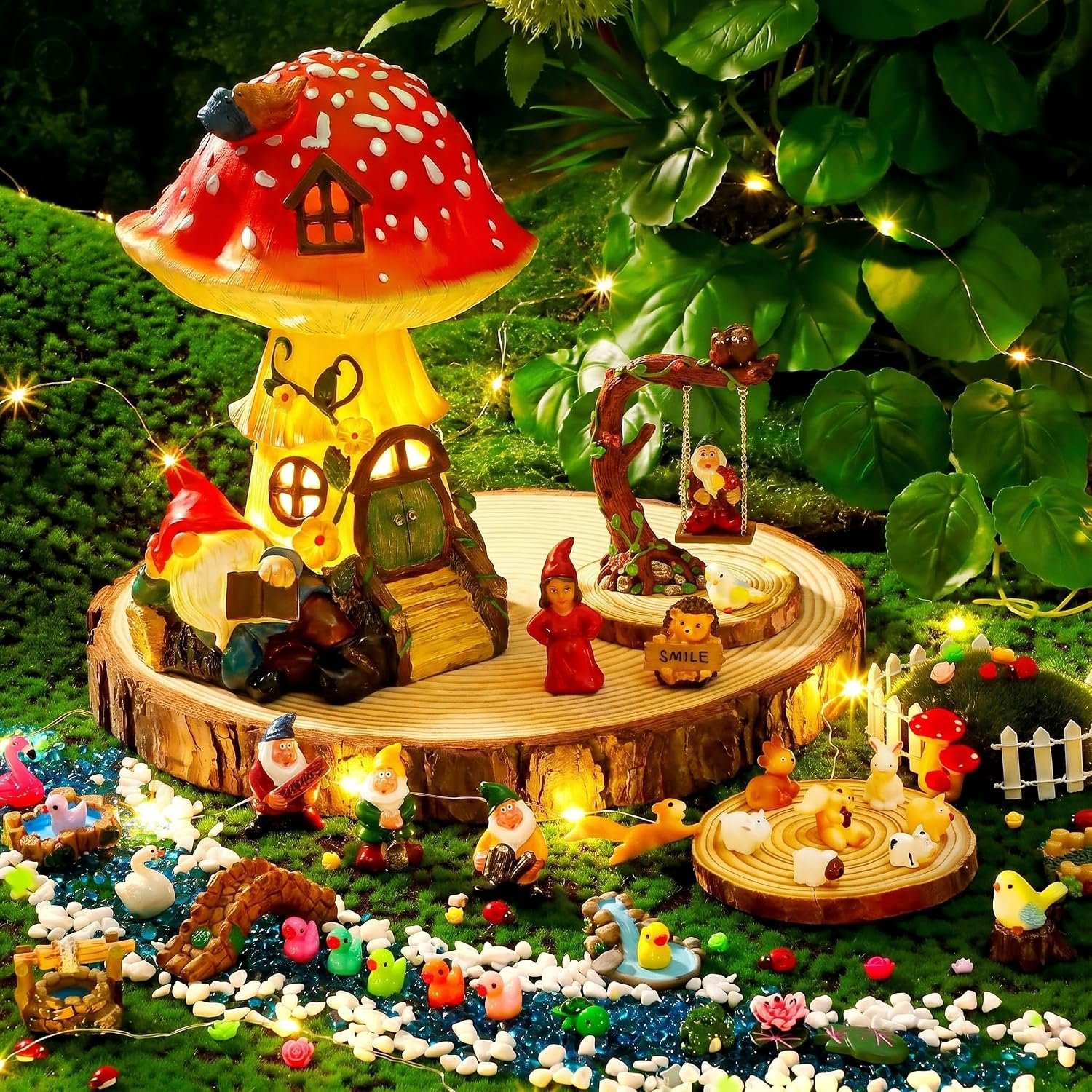 100 Pcs Fairy House Garden Kit Accessories Miniatures Fairy Figures Gnomes Statue Lights Mushroom House Micro Landscape Ornaments for DIY Outdoor Dollhouse Decoration