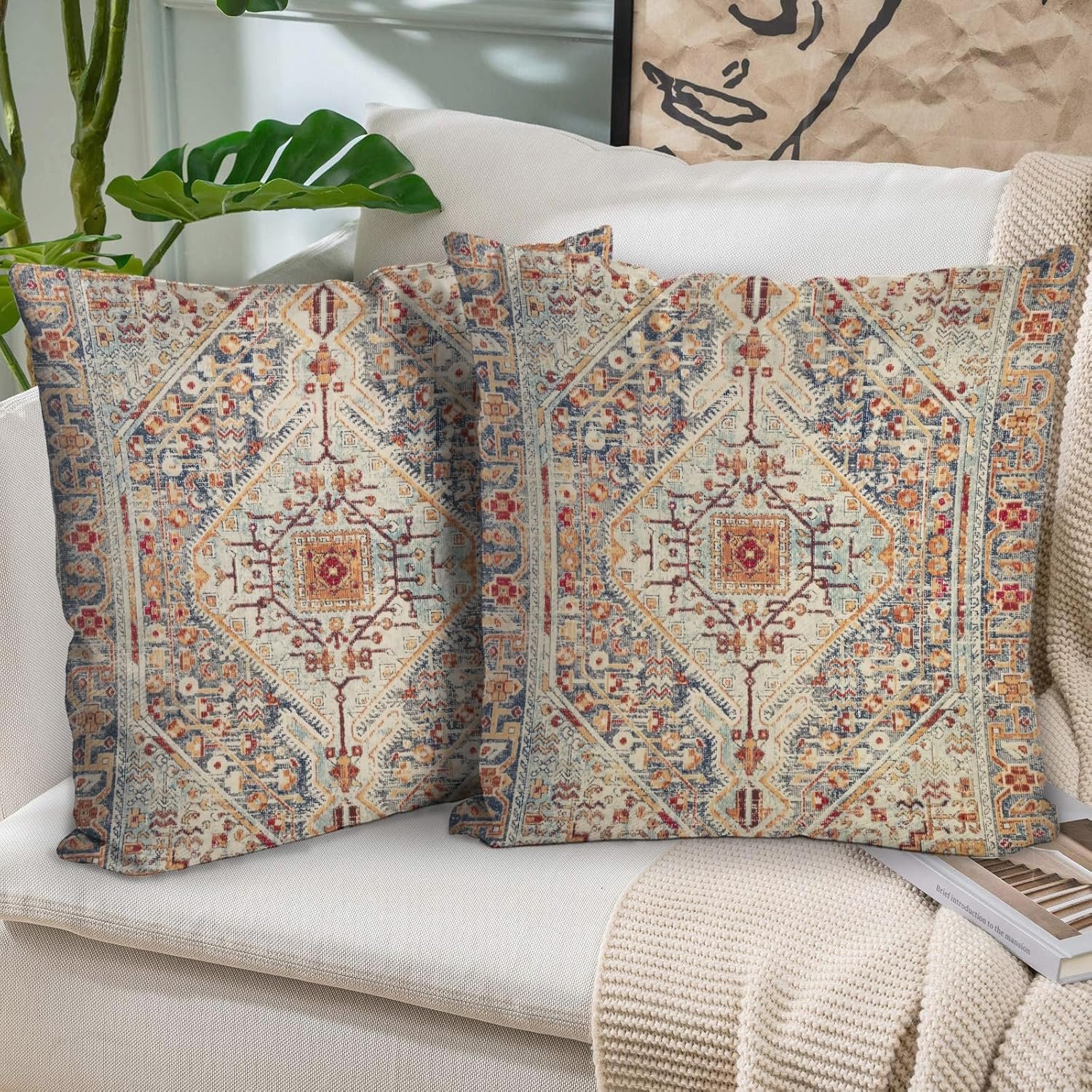 Boho Throw Pillow Covers 20×20 inch Set of 2,Bohemian Vintage Carpet Pattern Antique Ethnic Decor Double Sided Pattern Cushion Cover Soft Pillow Case Living Sofa Room Bed Square Pillow Cover