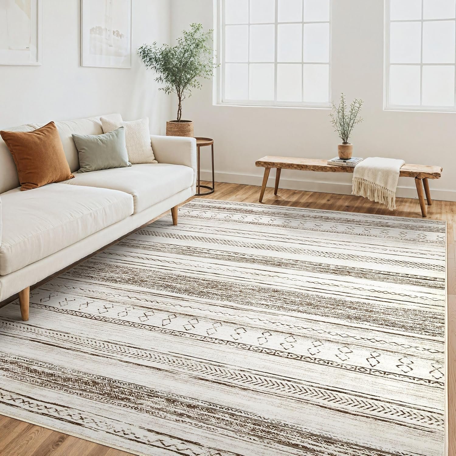 Tortania Area Rug Living Room Rugs – 6×9 Washable Large Soft Neutral Boho Moroccan Bohemian Farmhouse Rug Indoor Floor Carpet for Bedroom Under Dining Table Home Office Decor – Cream Brown