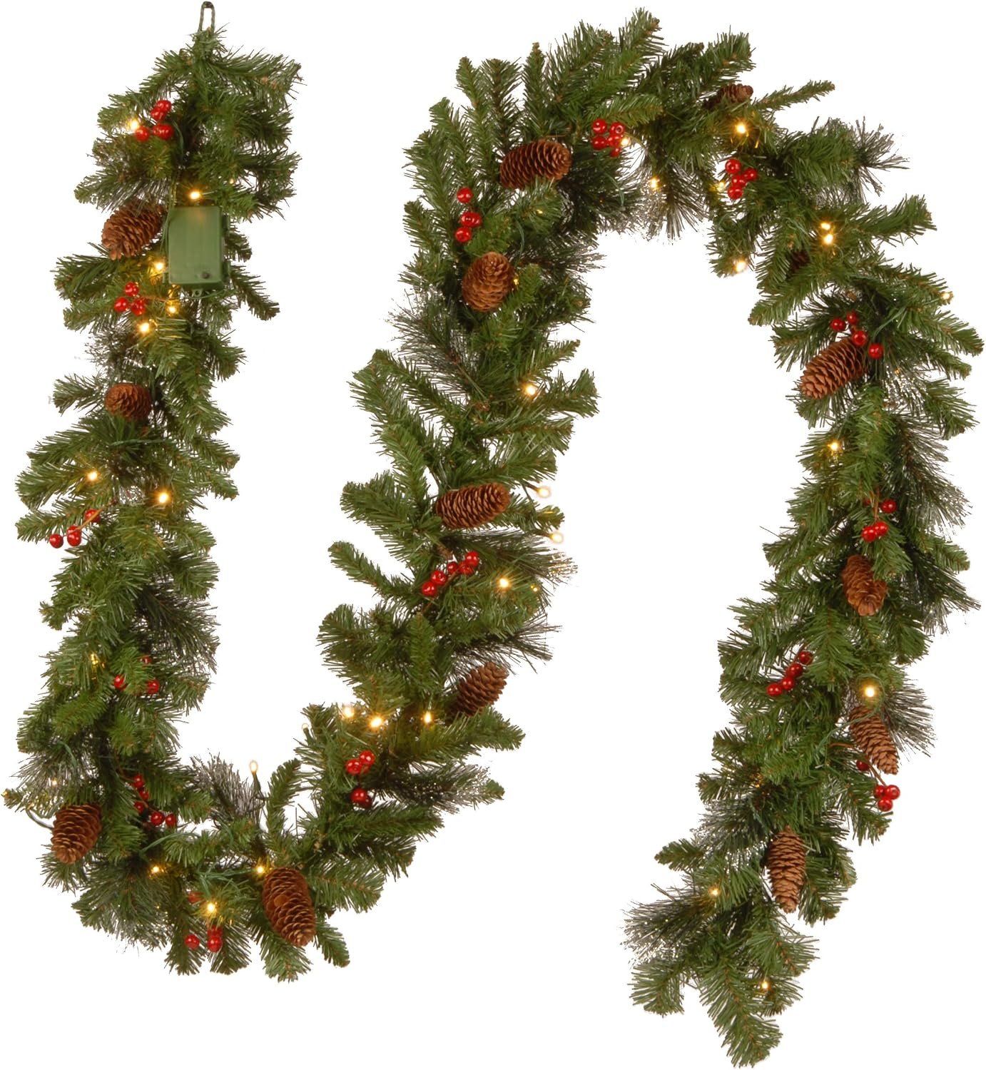 National Tree Company 9ft Pre-Lit Crestwood Spruce Christmas Garland | 50 Warm White LED Lights, 180 Tips, Artificial Christmas Decoration With Glitter, Pinecones, Red Berries, Timer, Green