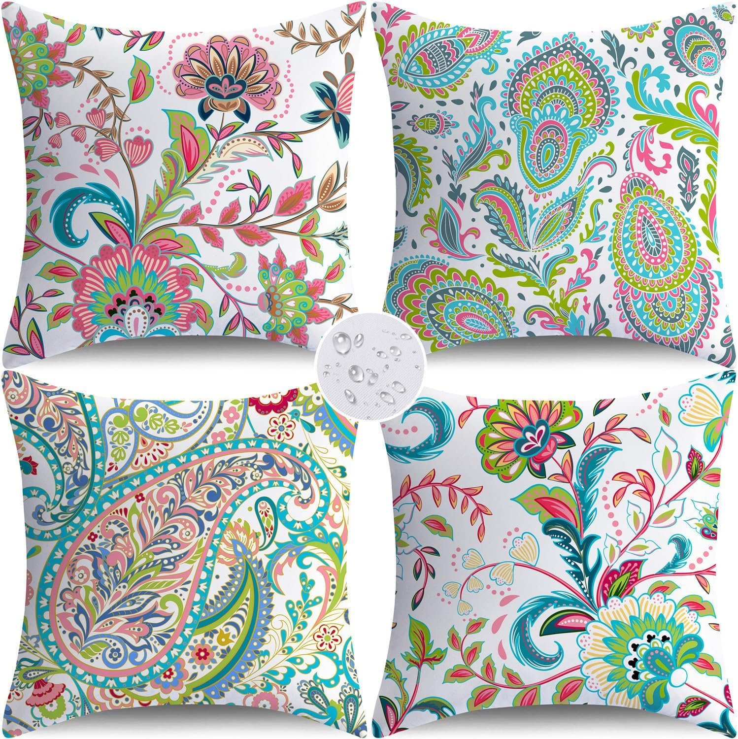 NIGHTWISH Outdoor Waterproof Pillow Covers 18×18 Set of 4 Spring Summer Floral Boho Decorative Outdoor Throw Pillows Paisley Cushion Cases for Patio Furniture Bench Couch Sunbrella