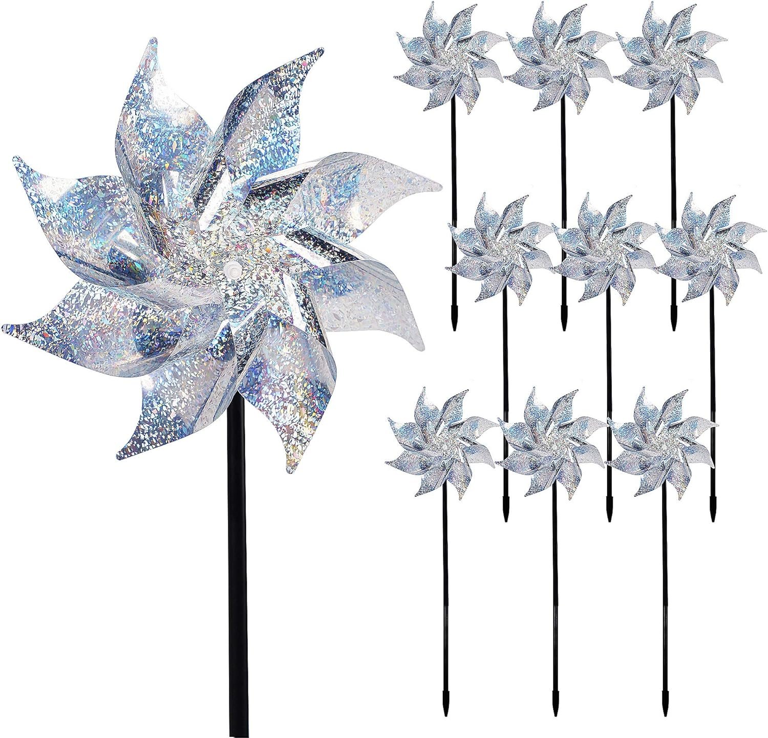 10 Pack Reflective Pinwheels with Stakes (Assembly Required), Extra Sparkly Pin Wheel for Garden Decor, Bird Repellent Devices Deterrent to Scare Birds Away from Yard Patio Farm