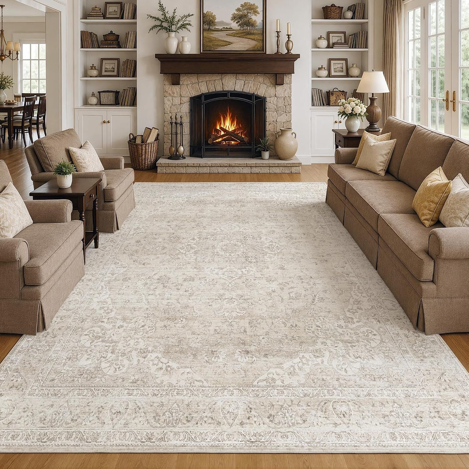 FMFUNCTEX 8×10 Washable Beige Neutral Vintage Soft Area Rug for Living Room | Cream Distressed Oriental Retro Traditional Floral Accent Non Slip Low Pile Thin Large Indoor Carpet Bedroom Dining Room