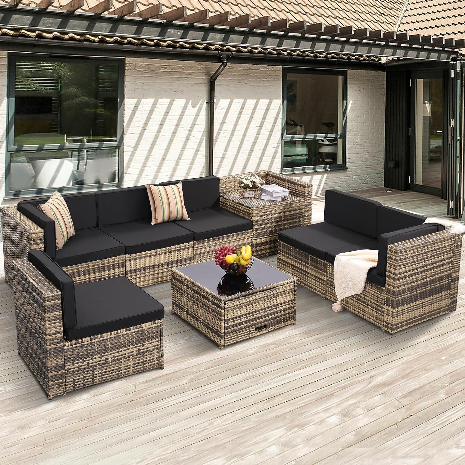 8 Piece Patio Furniture Set, Outdoor Modular Conversation Set | UV Treated Wickers, Machine Washable Cushions, Seats 6, 2 Hidden Storage Compartments, Rustproof Frame, Waterproof, Black