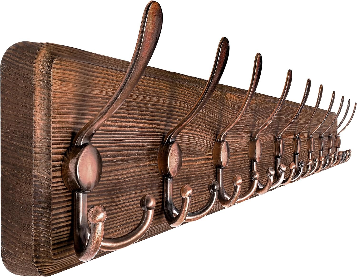 SKOLOO Coat Rack Wall Mounted – 38.6″ Long, Wooden, Heavy Duty, Rustic Coat Hooks for Wall, Coat Rack with 10 Triple Hooks for Hanging Clothes, Jacket, Hat(Brown & Retro Red)