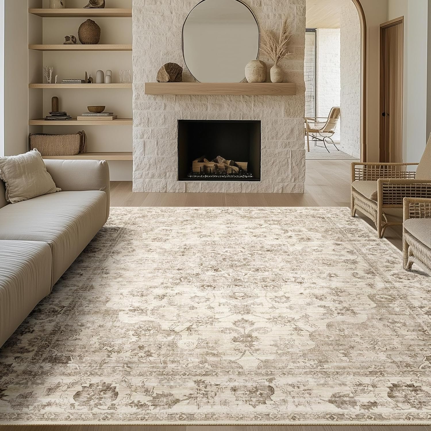 8×10 Beige Neutral Area Rug | Washable, Non Slip, Soft Low Pile, Vintage Farmhouse, Large, for Living Room Bedroom Dining Room Office Indoor Home Decor