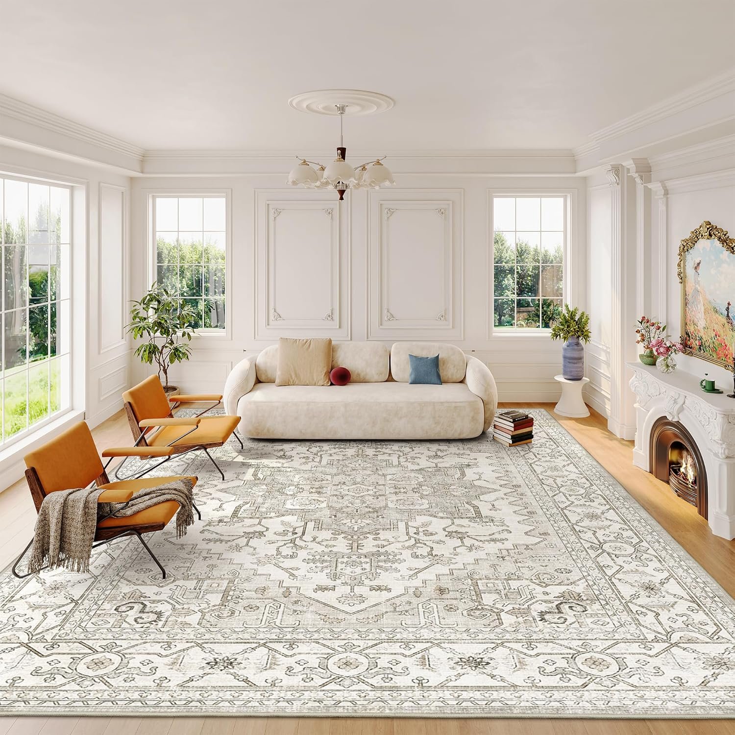 befbee Washable Area Rug 8×10, Large Neutral Beige Carpet for Living Room | Machine washable, Stain Resistant, Soft Low Pile, Non Slip Backing, Pet&Kid Friendly, Vintage Home Decor for Bedroom Nursery
