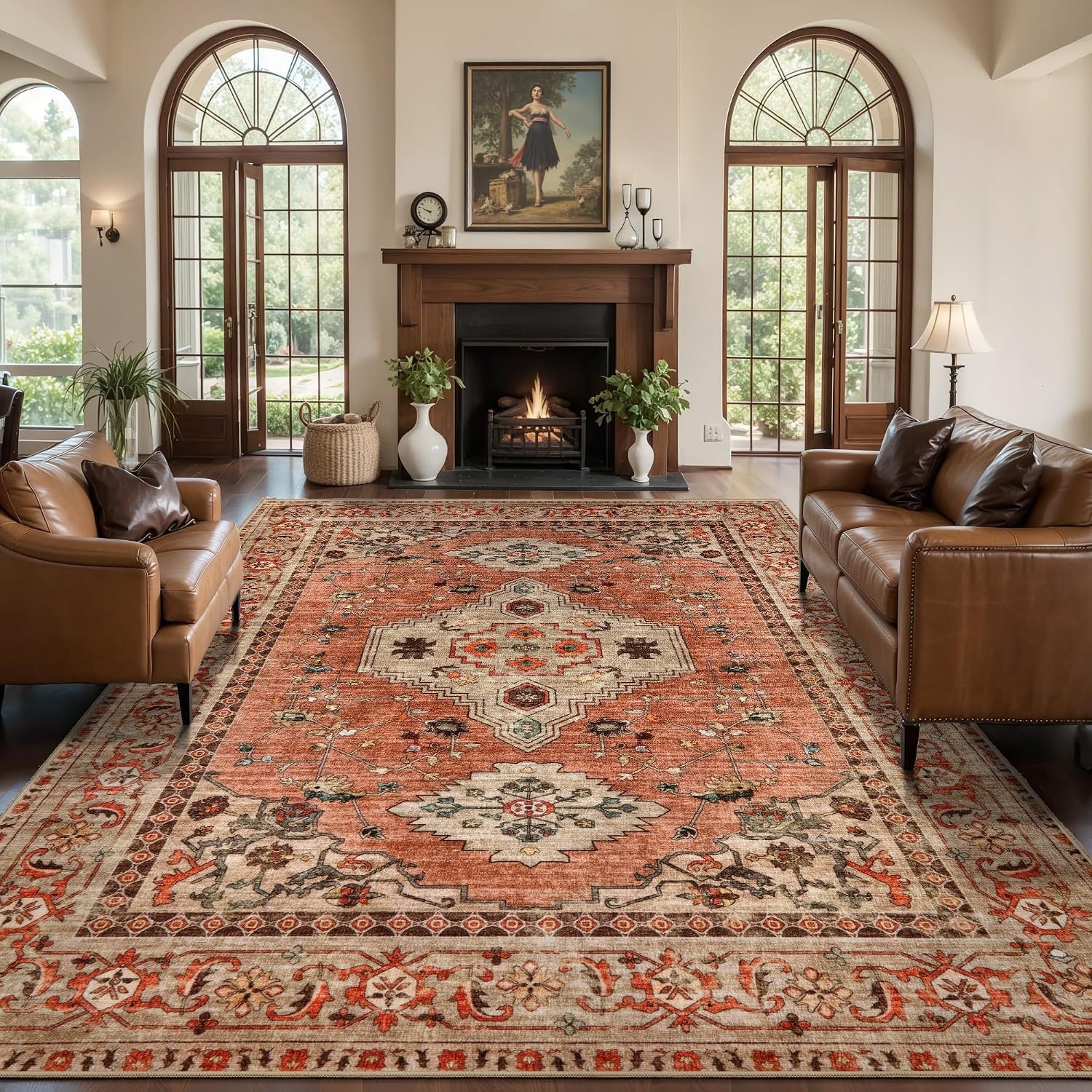 Tangsoo Boho Rug 5×7 Washable Area Rugs for Living Room, Oriental Vintage Indoor Non Slip Large Area Rug, Print Terracotta Carpet, Soft Low Pile Rug Foldable Floor Rugs for Bedroom Dining Room Dorm