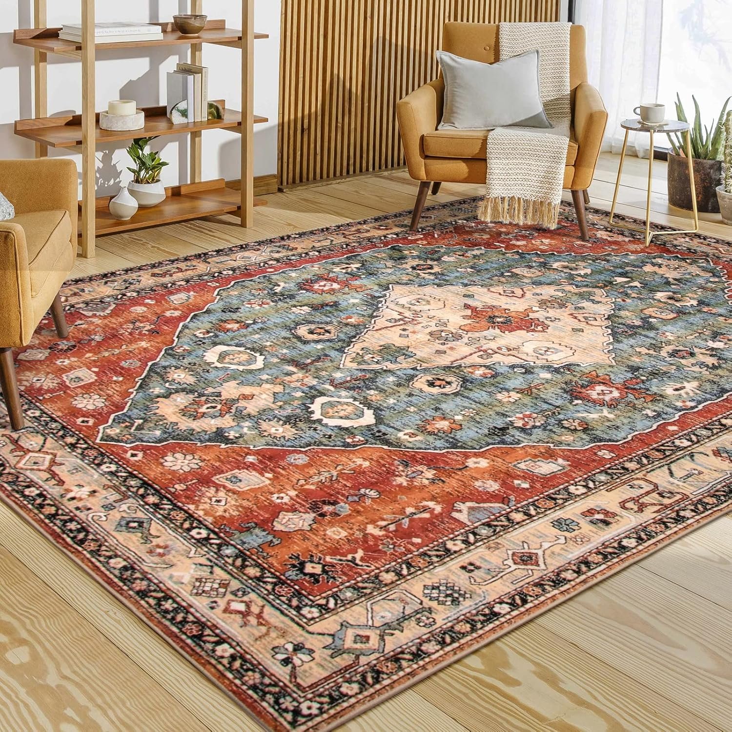 Lahome Boho Tribal 8×10 Area Rugs for Living Room, 8 x 10 Washable Rug for Bedroom Aesthetic, Large Oriental Vintage Soft Dining Room Carpet for Under Table Playroom (Rust/Dull Teal,8x10ft)