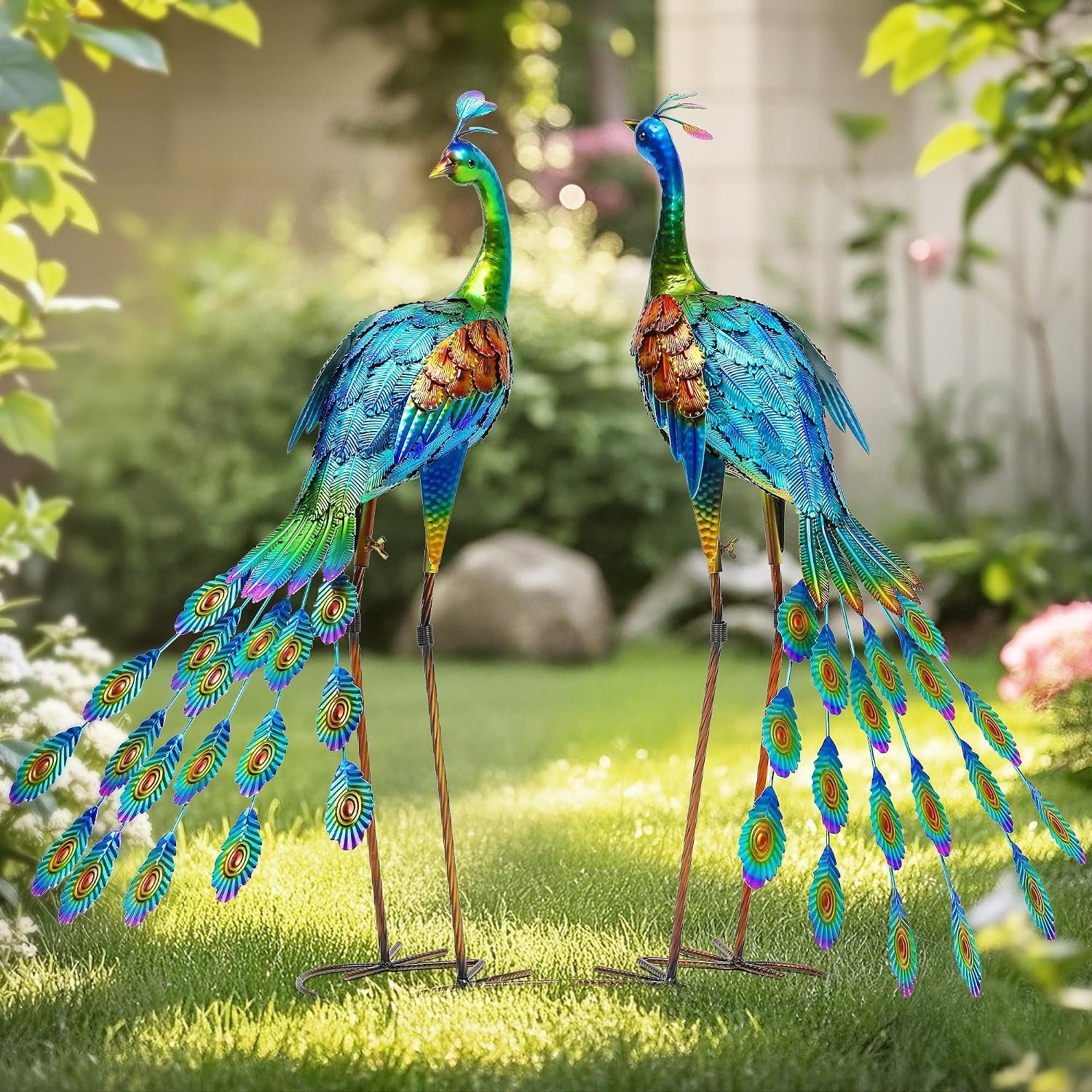 Oversized Peacock Decor Set of 2, 32″ Outdoor Metal Yard Art | Hand-Painted Metal Peacock Sculpture. Weatherproof Garden Art for Lawn, Flower Beds, Patio, Backyard, or Indoor Home Decor.