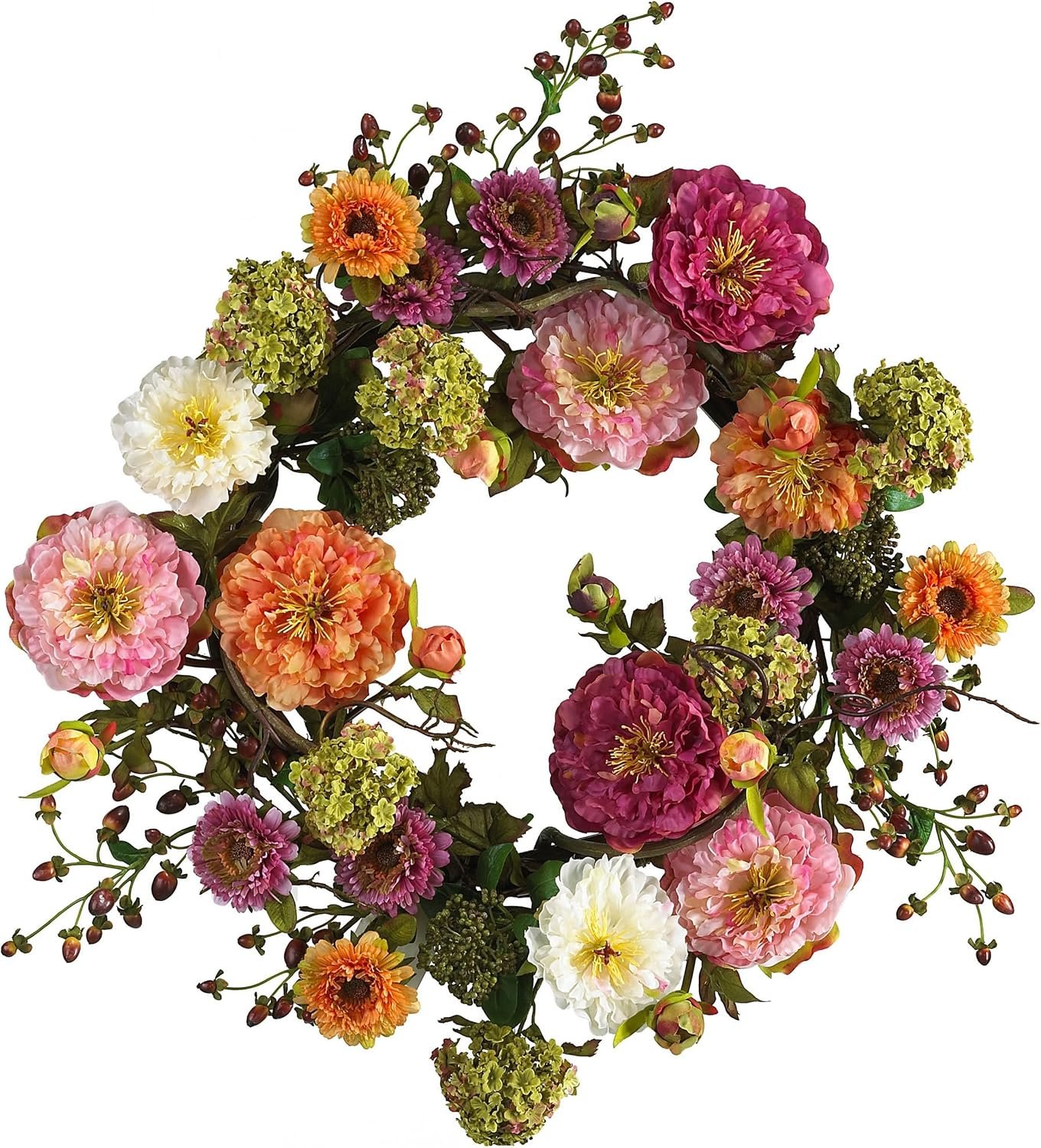 Nearly Natural 24 in Artificial Peony Wreath for Front Door Decor | Faux Floral Spring Wreath, Indoor Wall Decor, Dining Table Centerpiece