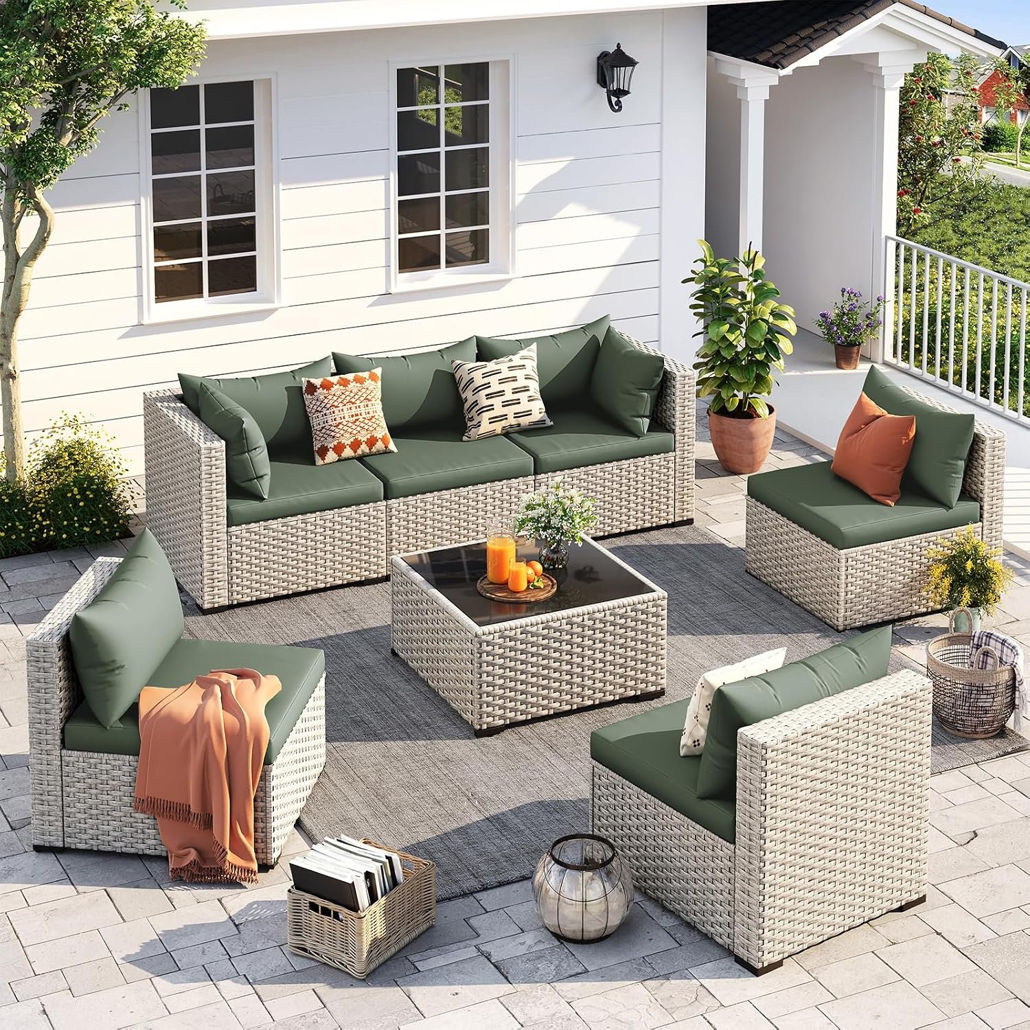UDPATIO Outdoor Patio Furniture Set, 7 Pcs PE Wicker Sectional Sofa with Tea Table, Outdoor Conversation Set for Patio, Garden, Backyard (Green Cushions with Light Grey Rattan)