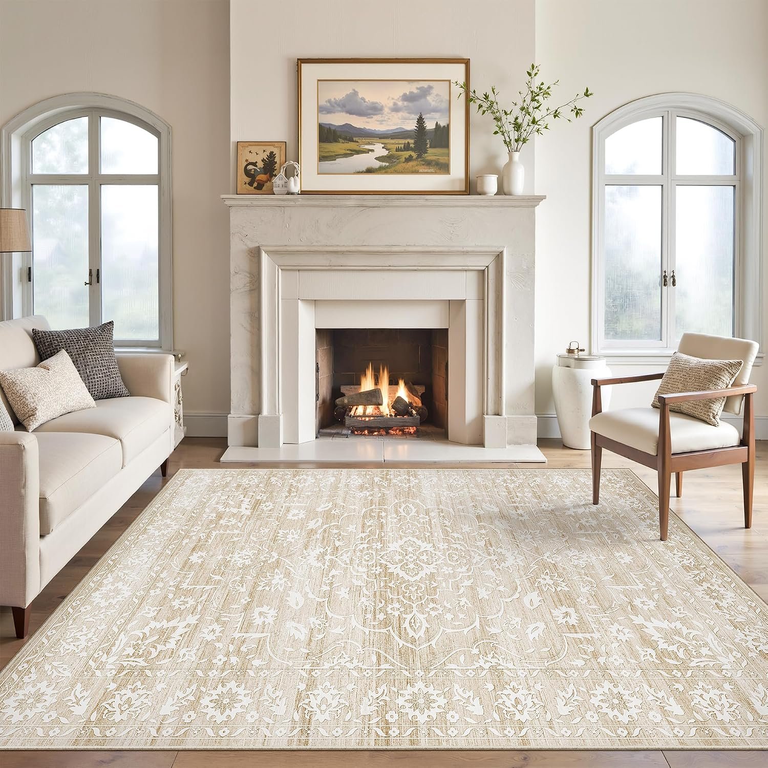 Soalmost 5×7 Area Rugs for Living Room, Washable Neutral Soft Rug Beige | Vintage Floral Non-Slip Low Pile Throw Large Carpet for Dining Room Bedroom Kitchen Home Office Nursery 5’x7′