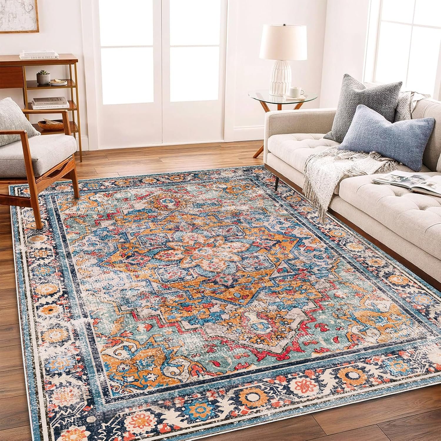 CHAMPLANT Washable Area Rug 8’x10′ Boho Chic Medallion Distressed Design Non-Shedding Easy Care Ideal for High Traffic Areas in Living Room Bedroom Office Coffee Table Large Carpet