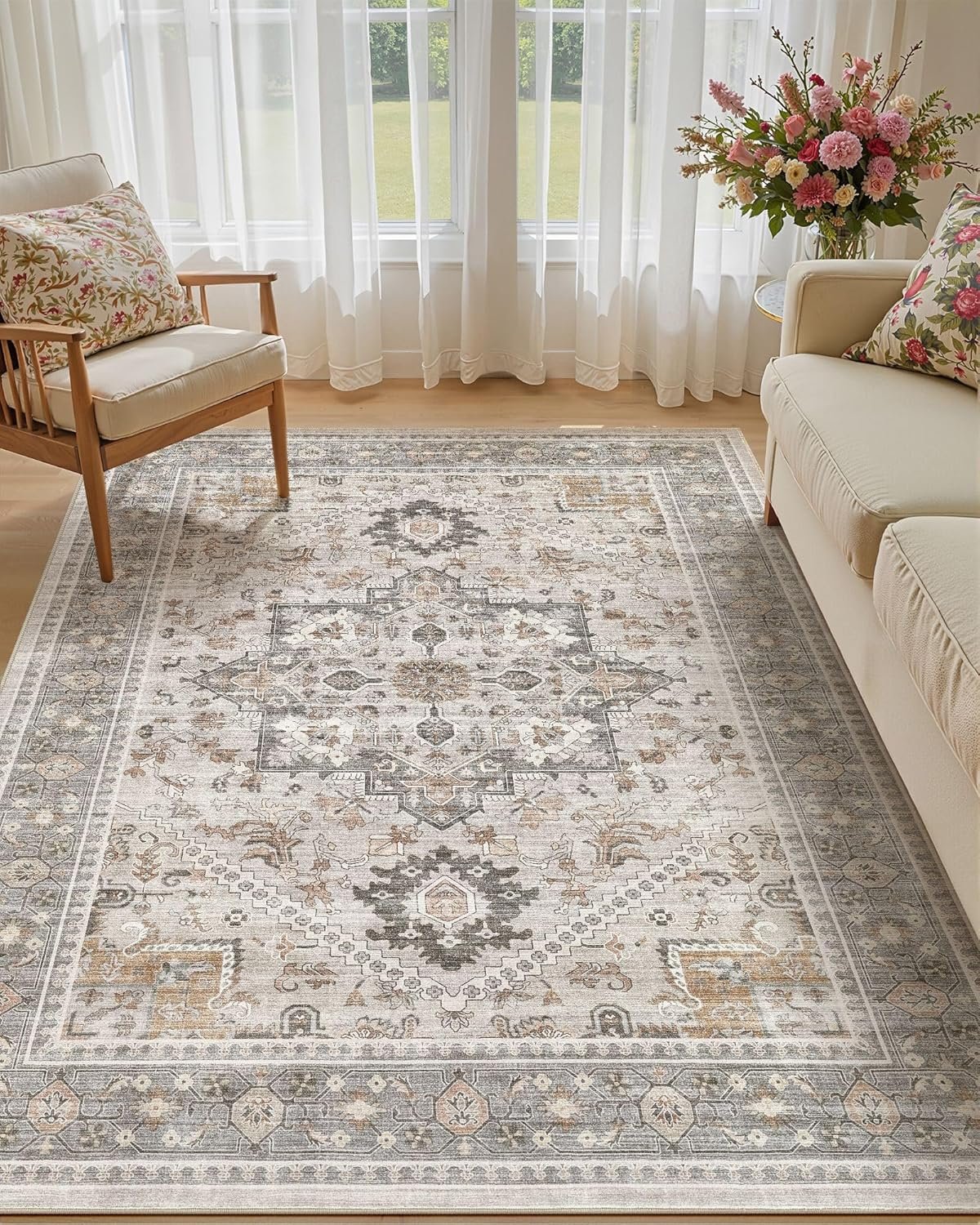 Washable Area Rug-5X7 Vintage Neutral Soft Taupe | Non Slip Thin Foldable Large Floor Carpet for Living Room Bedroom Kitchen Dining Room Home Office Farmhouse Indoor