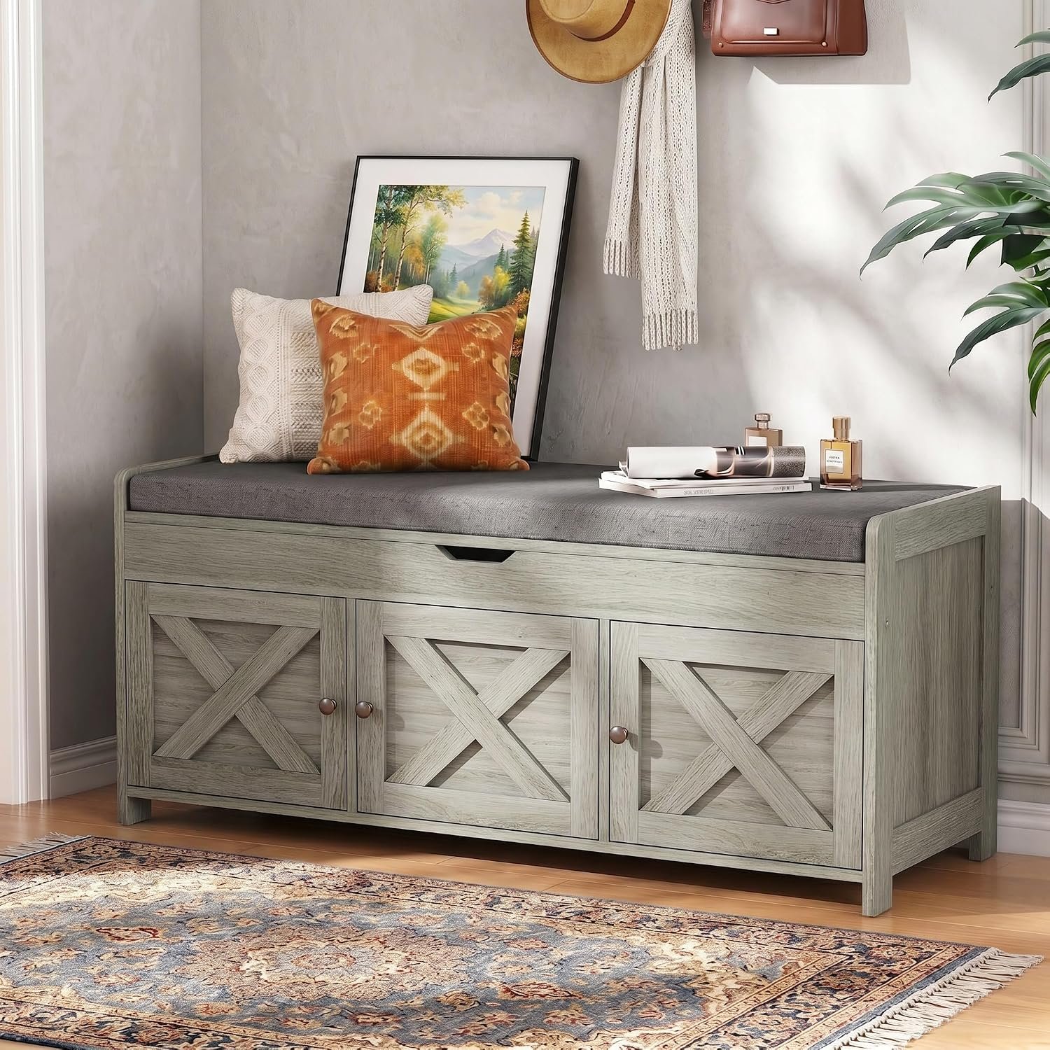 Marsail Shoe Storage Bench with Seating, Farmhouse Entryway Bench with Shoe Storage and Cushion, Under Window Benches Wooden Ottoman for Bedroom, Entry Way, Living Room, Grey