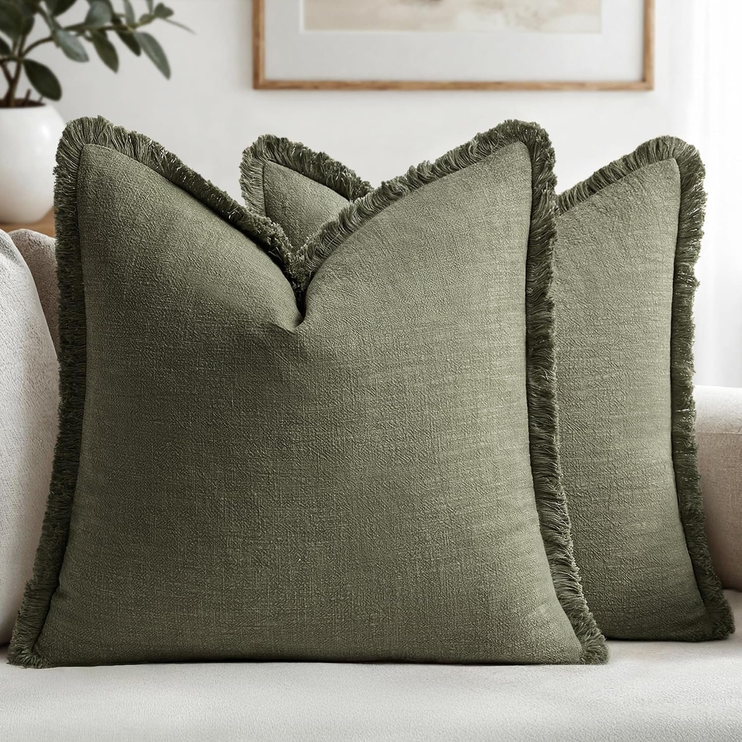 MIULEE Boho Linen Fringe Decorative Throw Pillow Covers Olive Green 20×20 | Set of 2, Cottagecore Decor, Boho Farmhouse Neutral Pillow Covers, Rustic Couch Cushion Cases for Sofa Bed Living Room
