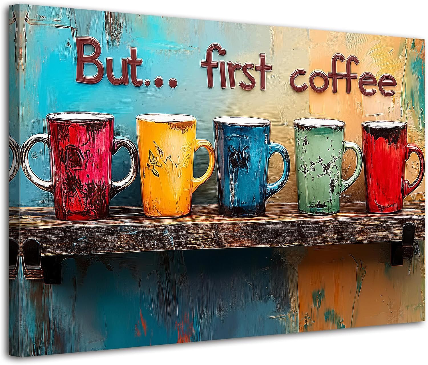 But First Coffee Canvas Wall Art Colorful Kitchen Wall Decor Rustic Abstract Coffee Cups Picture Prints for Dining Room Decorations Colorful Mug Poster Painting Artwork Home Coffee Bar Decor 12×16”