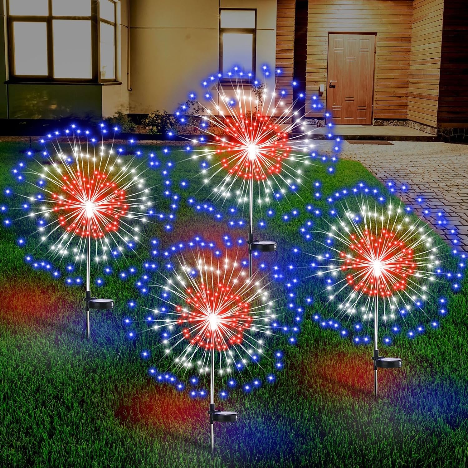Tujoe Halloween Decoration Outdoor 4 Pack Solar Firework Light with 180 LED Halloween Solar Lights 8 Lighting Modes for Yard Garden Pathway Party Decoration(Red, White, Blue)