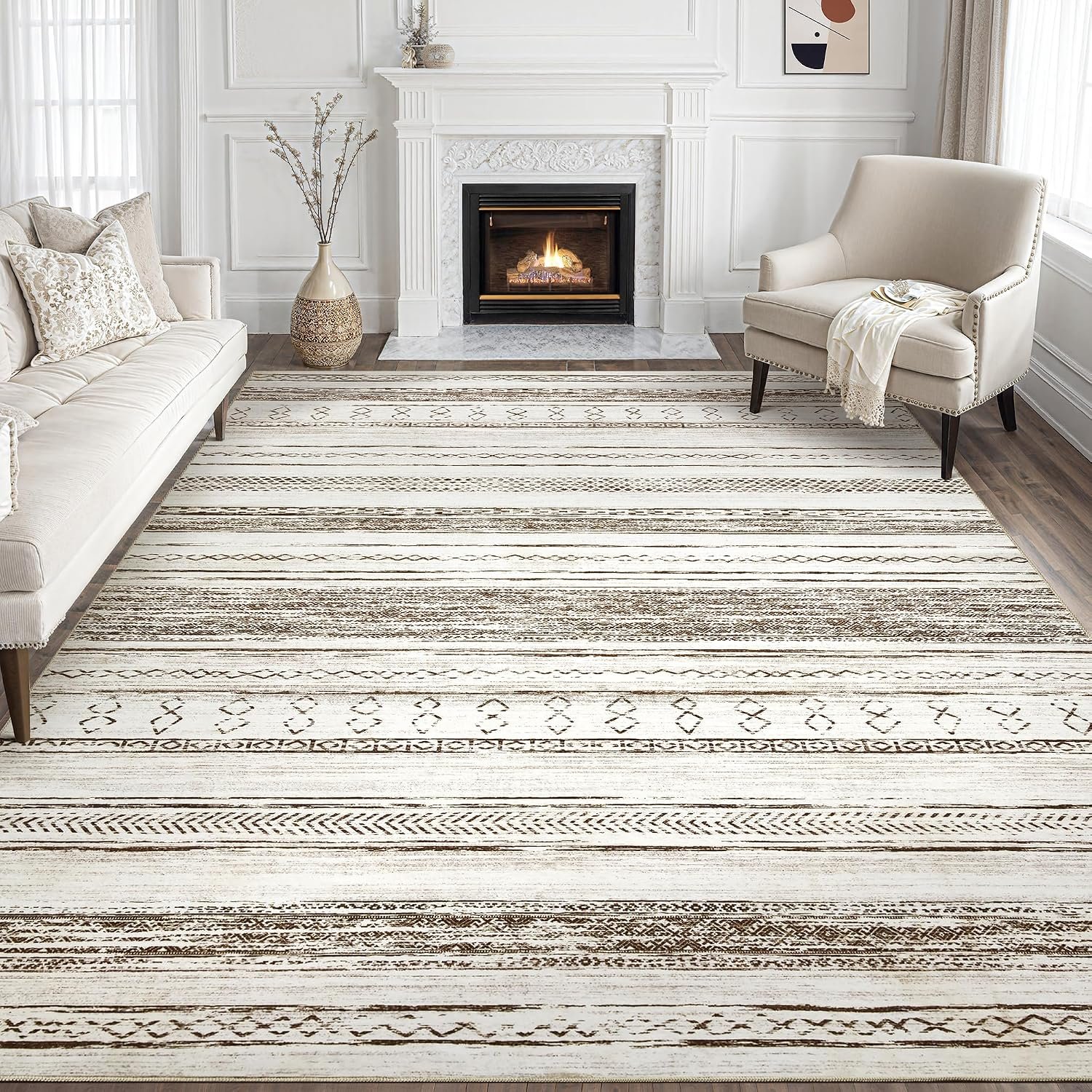 Tortania Area Rug Living Room Rugs – 8×10 Washable Large Soft Neutral Boho Moroccan Bohemian Farmhouse Rug Indoor Floor Carpet for Bedroom Under Dining Table Home Office Decor – Cream Brown