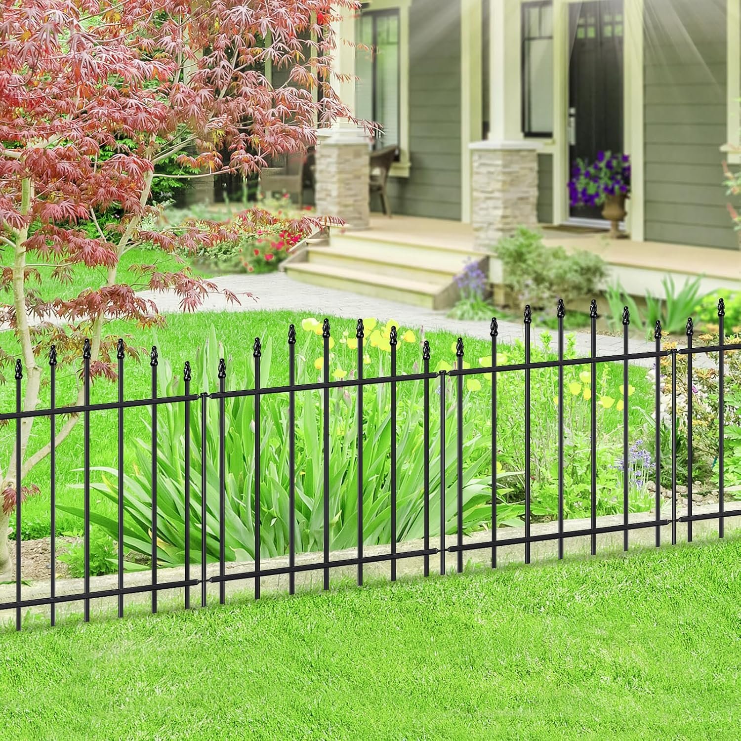 26” x 12’ No-Dig Metal Garden Fence with Stakes, Panels Fencing for Dogs | 6-Panel Wrought Iron Picket Fence for Front Yard, Sidewalk & Flower Bed, Temporary Border, Arch Design, Rustproof Black