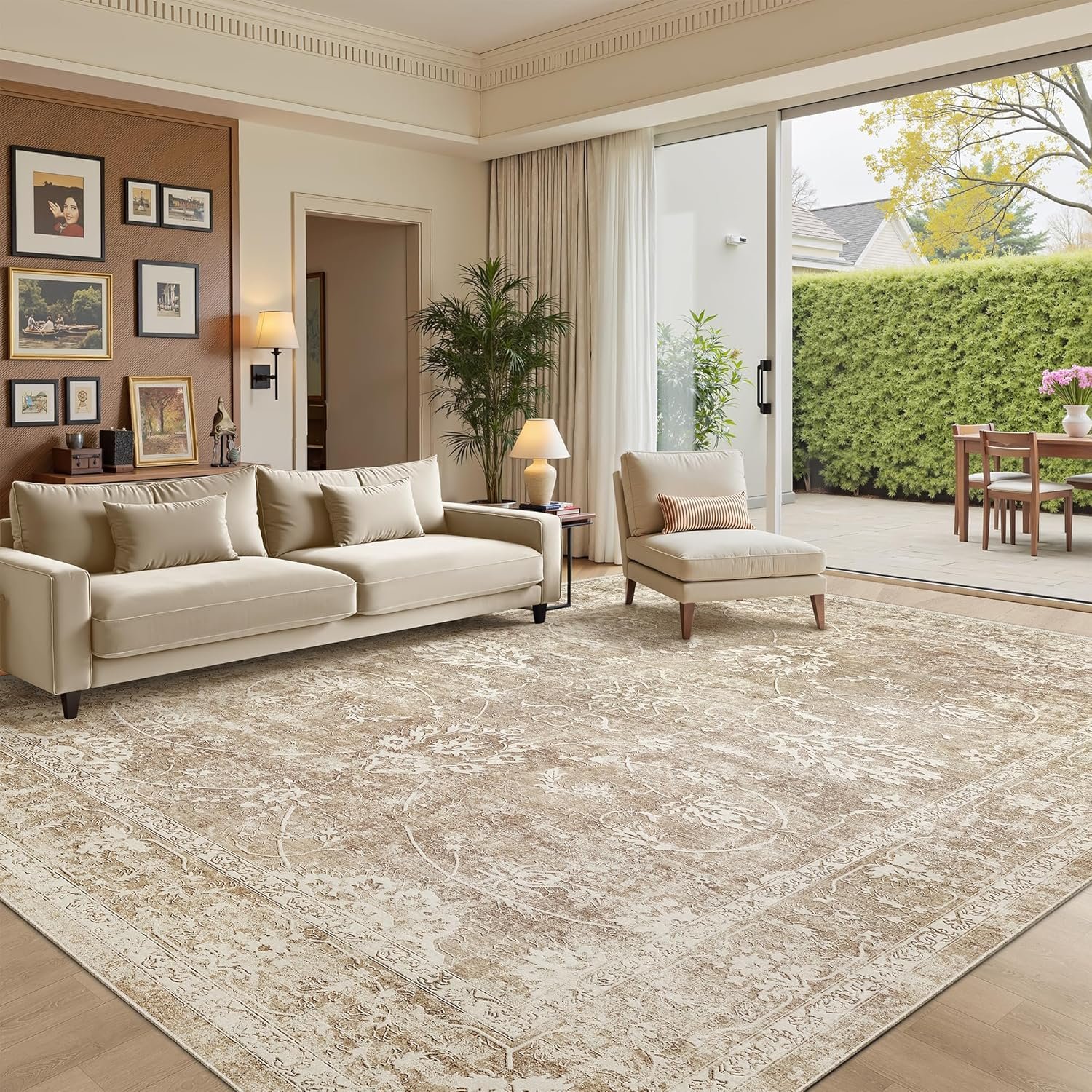 Madane 8×10 Area Rugs for Living Room, Washable Natural Rug Beige/Brown | Non-Slip Backing, Soft Vintage Floral Print Large Throw Rugs Thin Carpet for Bedroom Dining Room Farmhouse Home Office 8’x10′