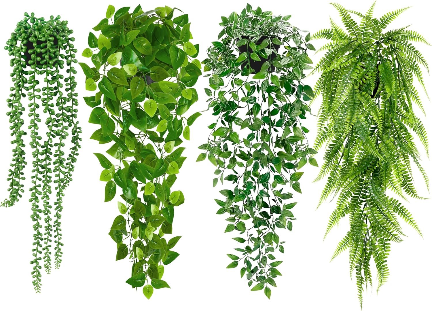 Palonu Artificial Hanging Plants for Shelf, 4 Pack Fake Potted Greenery Plant Faux Mandala Vine, String of Pearls, Ivy Vine,Persian Grass Fern in Pot for Desk Home Bathroom Farmhouse Room Table Decor